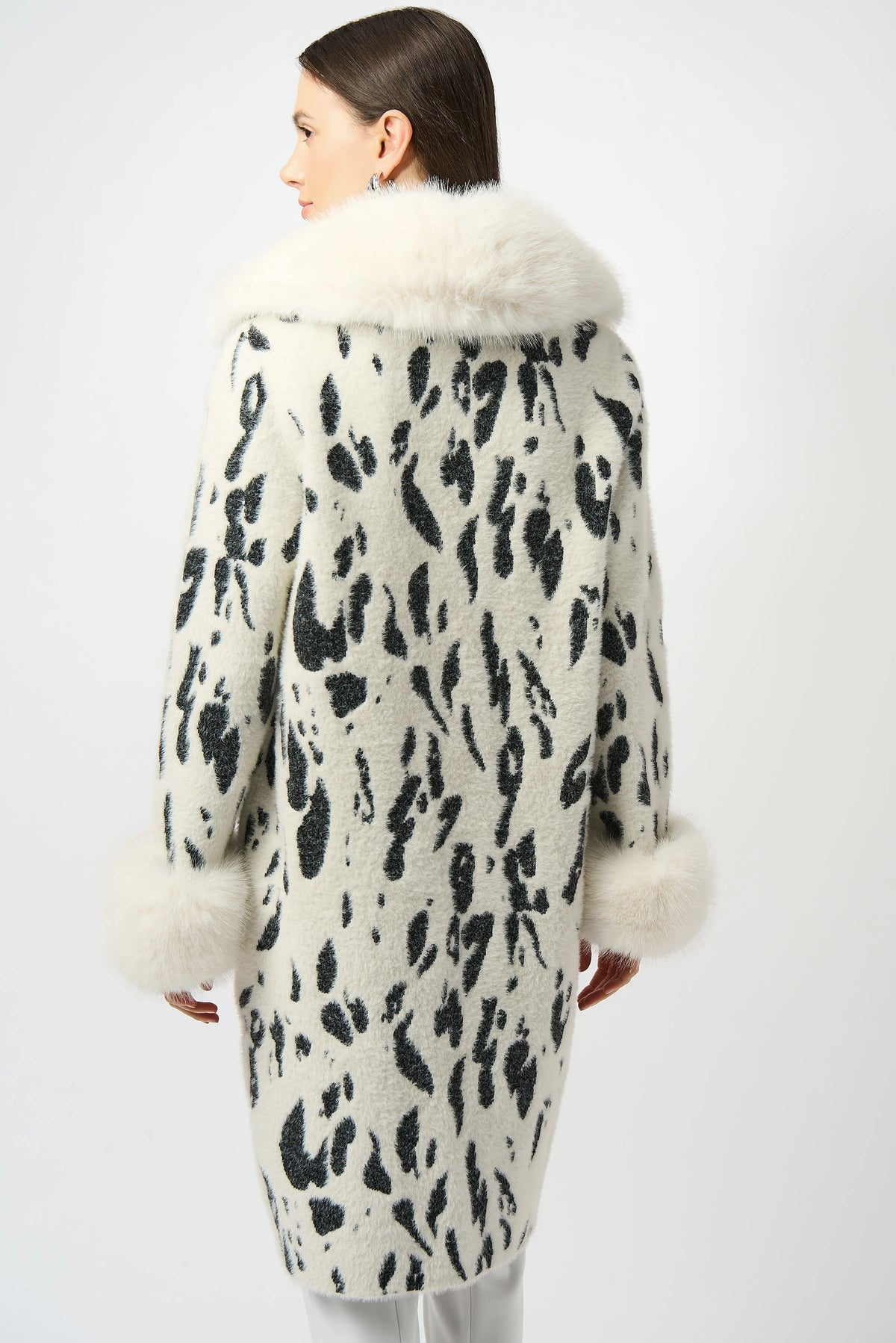 Joseph Ribkoff Winter White/Black Feather Yarn Animal Jacquard Coat with Faux Fur Trim