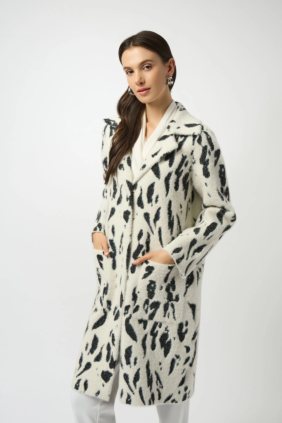 Joseph Ribkoff Winter White/Black Feather Yarn Animal Jacquard Coat with Faux Fur Trim