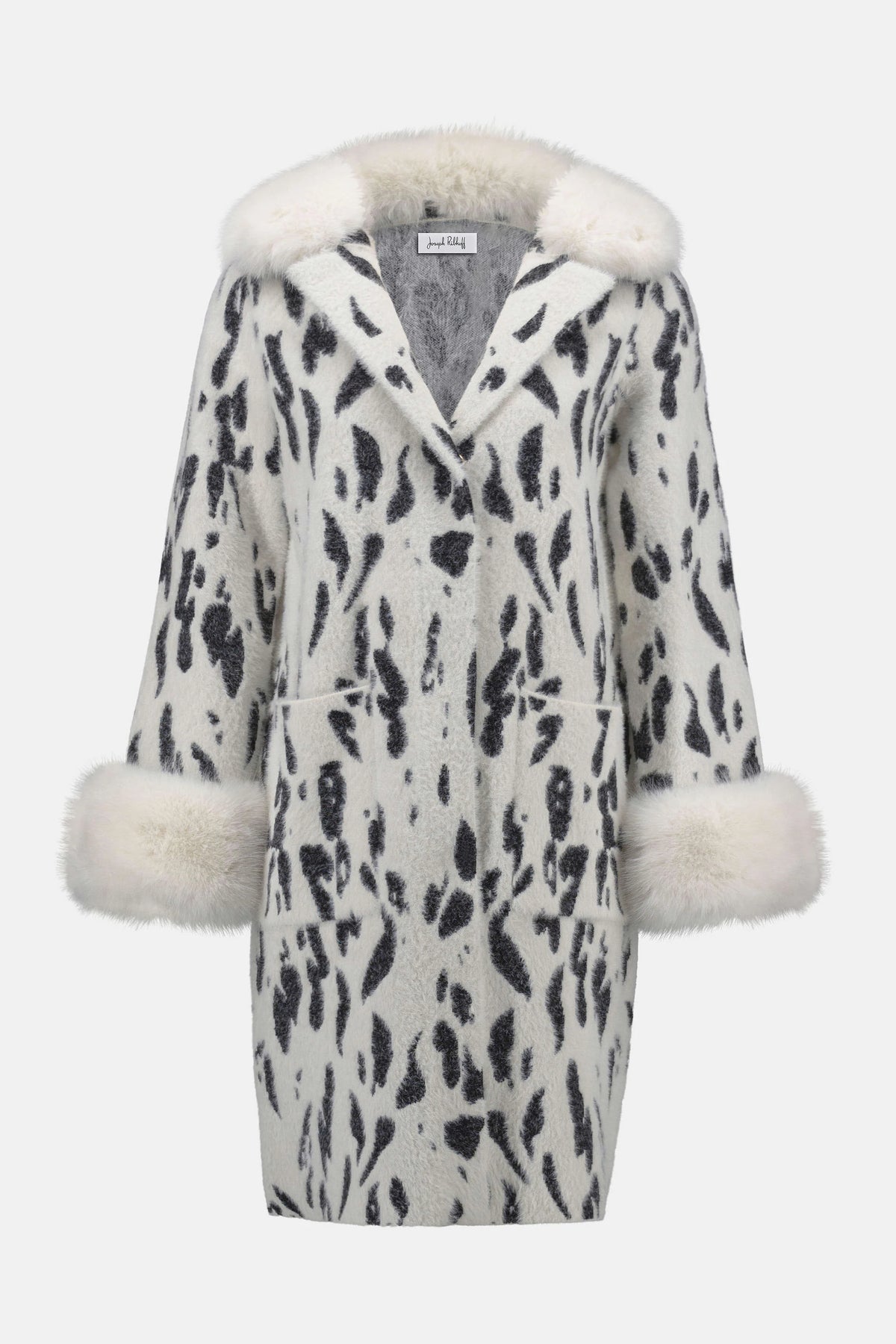 Joseph Ribkoff Winter White/Black Feather Yarn Animal Jacquard Coat with Faux Fur Trim