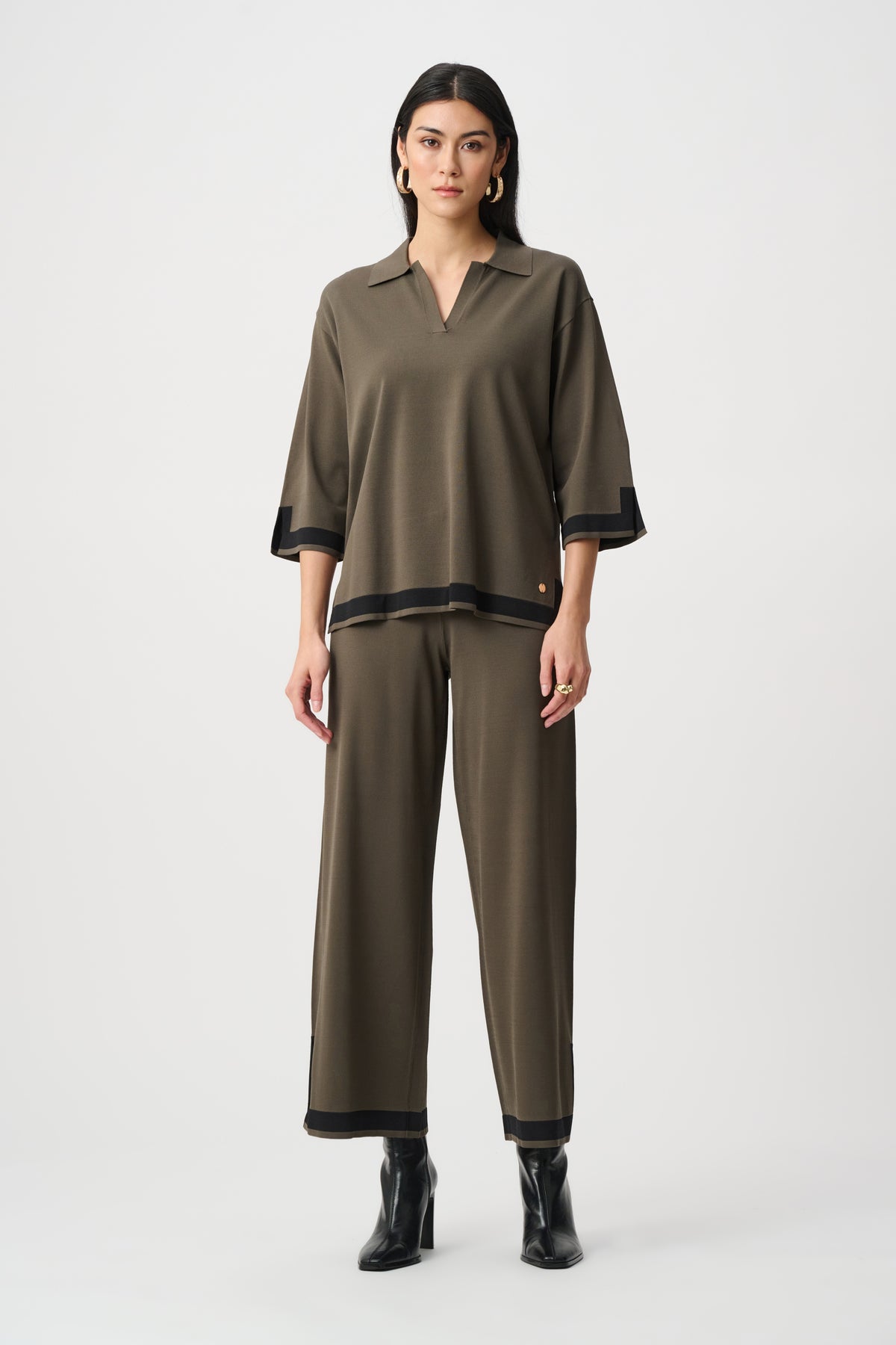 Joseph Ribkoff Avocado/Black Sweater Knit Colour Block Top