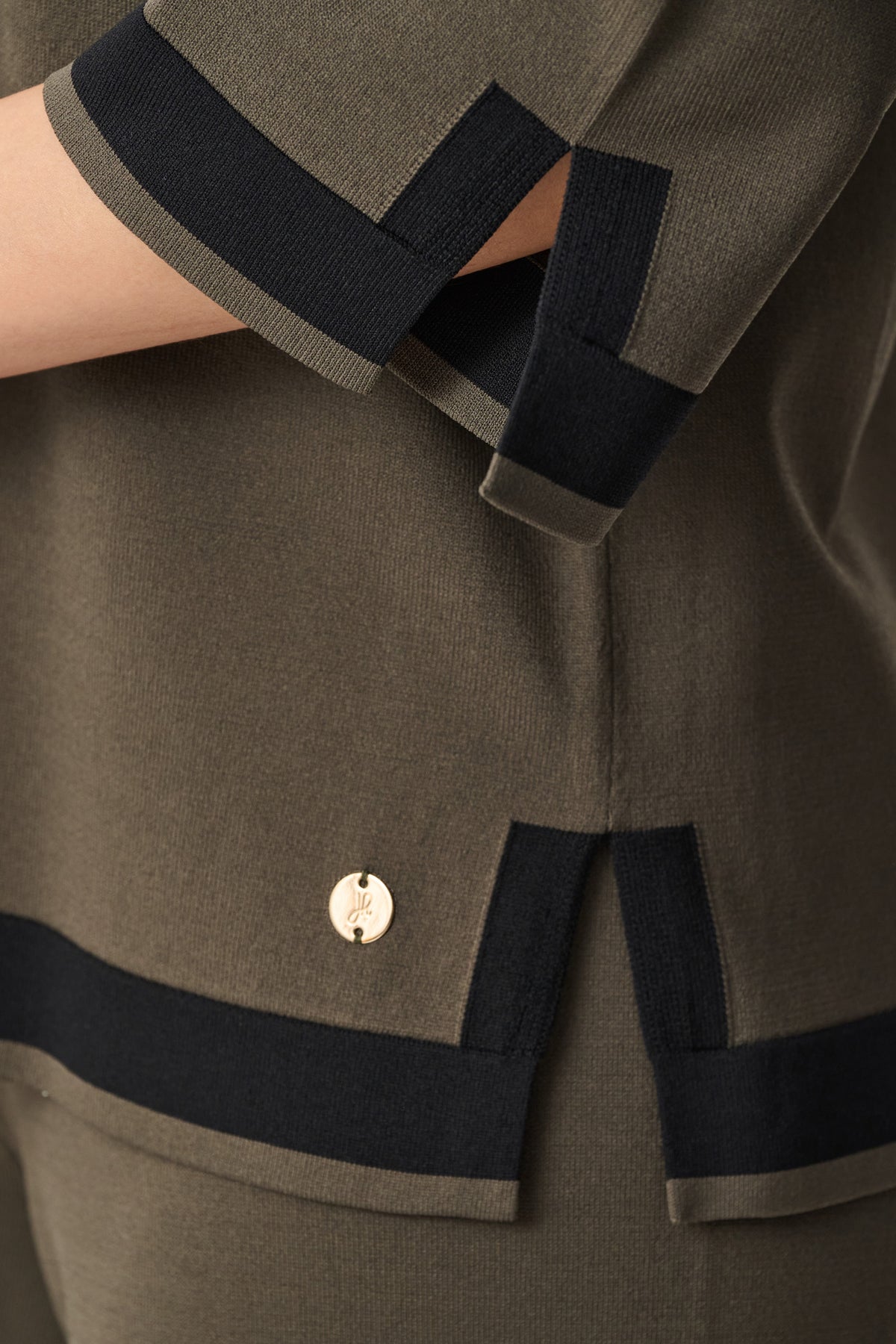 Joseph Ribkoff Avocado/Black Sweater Knit Colour Block Top