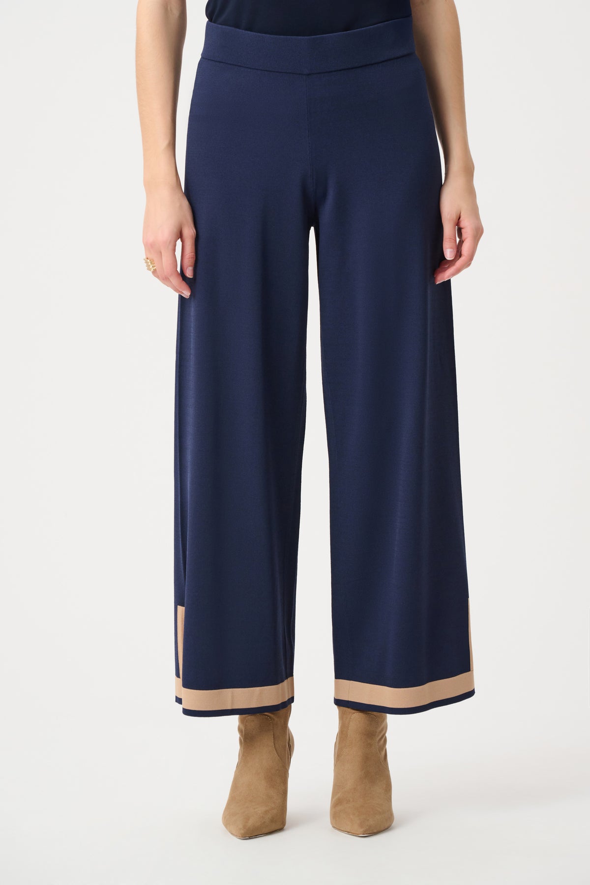 Joseph Ribkoff Indigo/Camel Sweater Knit Colour Block Culotte Pants