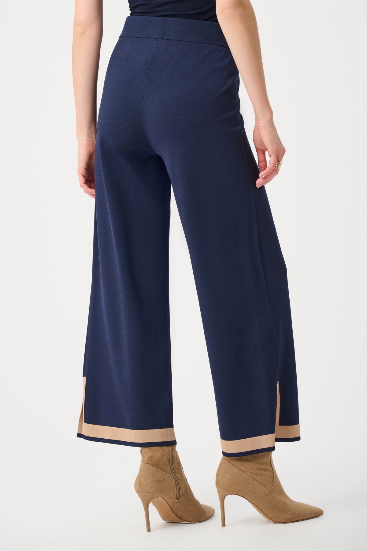 Joseph Ribkoff Indigo/Camel Sweater Knit Colour Block Culotte Pants