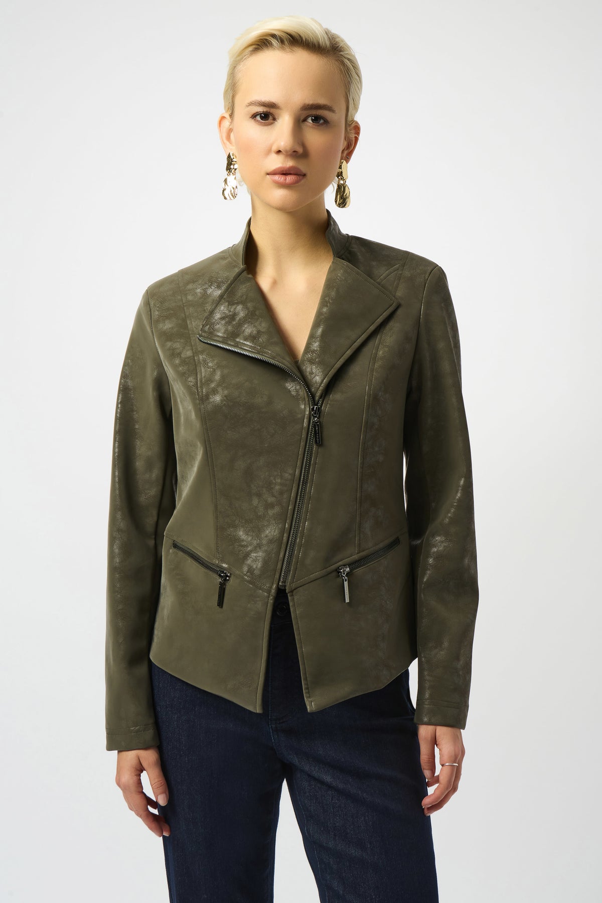 Joseph Ribkoff Avocado Foiled Faux Suede Fitted Moto Jacket