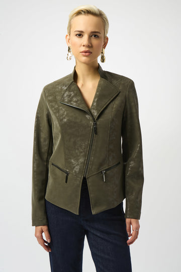 Joseph Ribkoff Avocado Foiled Faux Suede Fitted Moto Jacket