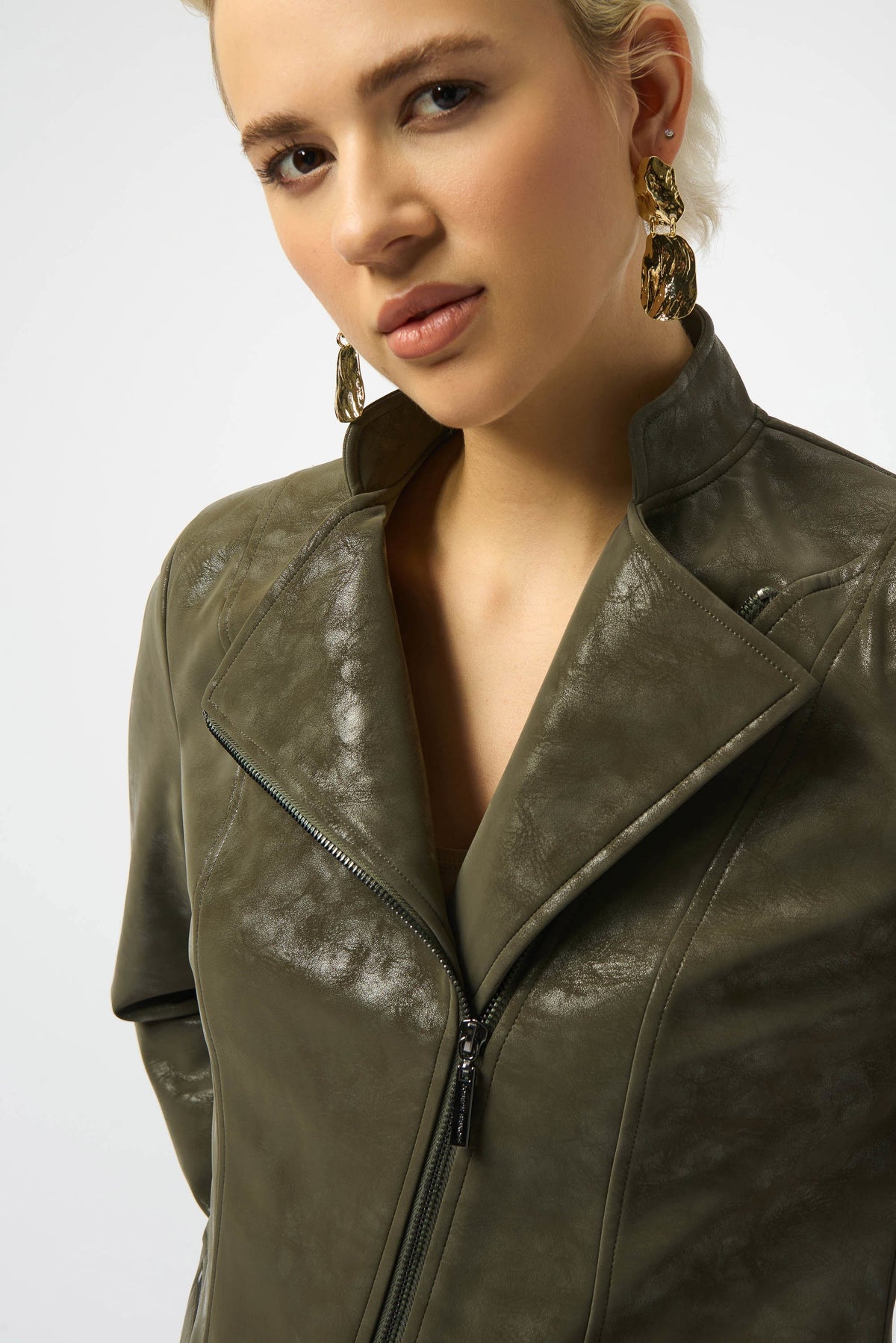 Joseph Ribkoff Avocado Foiled Faux Suede Fitted Moto Jacket