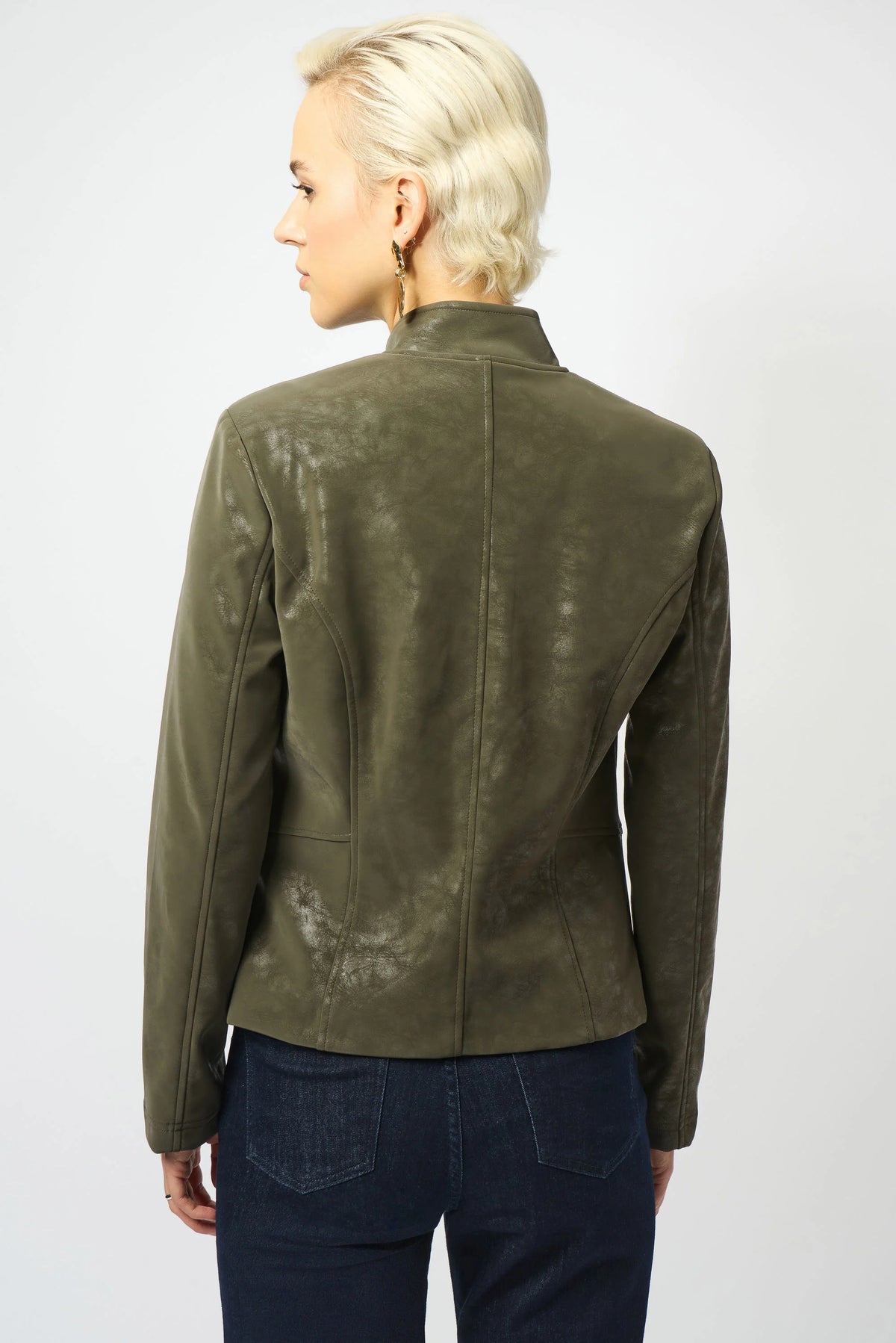 Joseph Ribkoff Avocado Foiled Faux Suede Fitted Moto Jacket