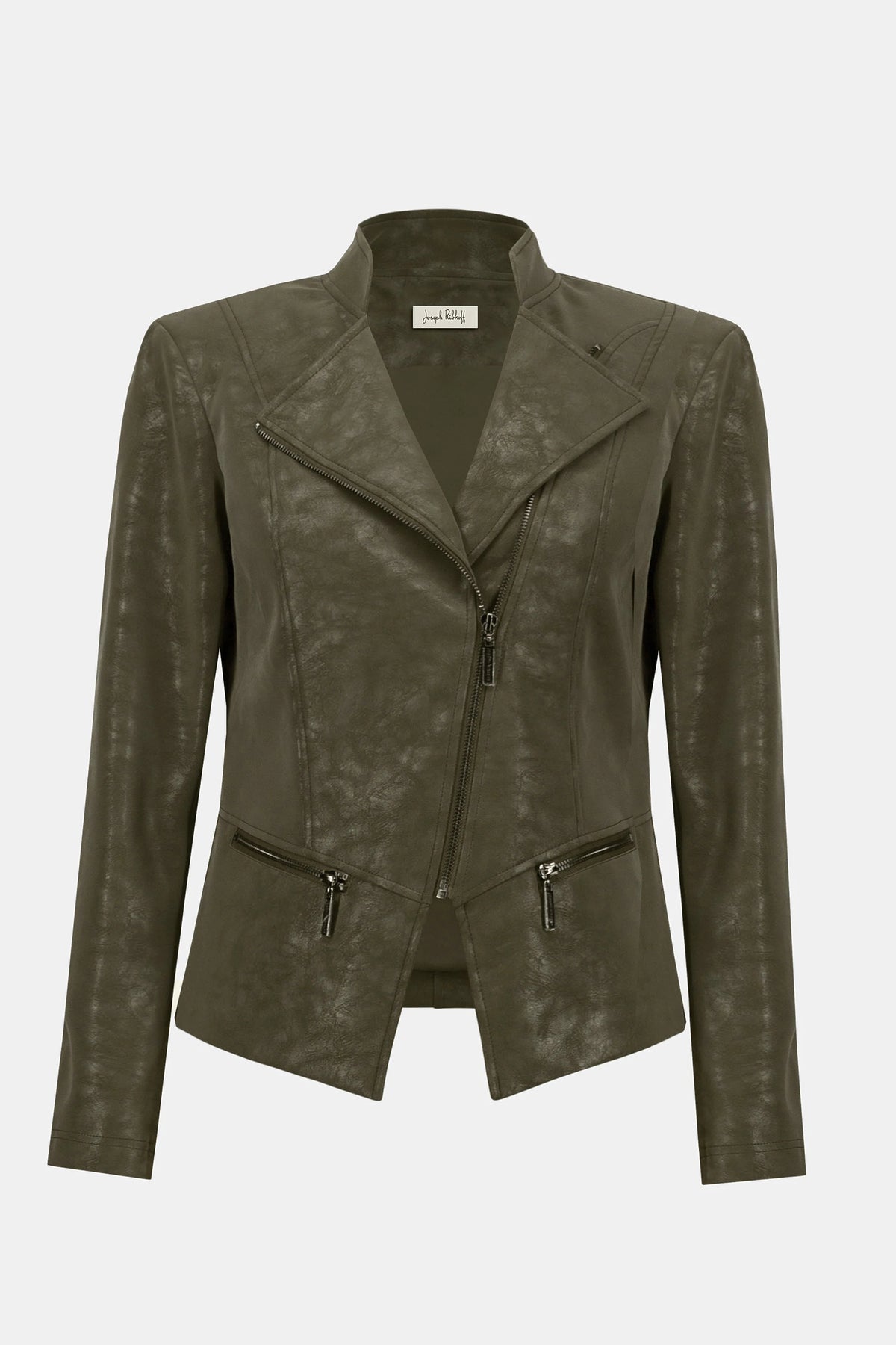 Joseph Ribkoff Avocado Foiled Faux Suede Fitted Moto Jacket