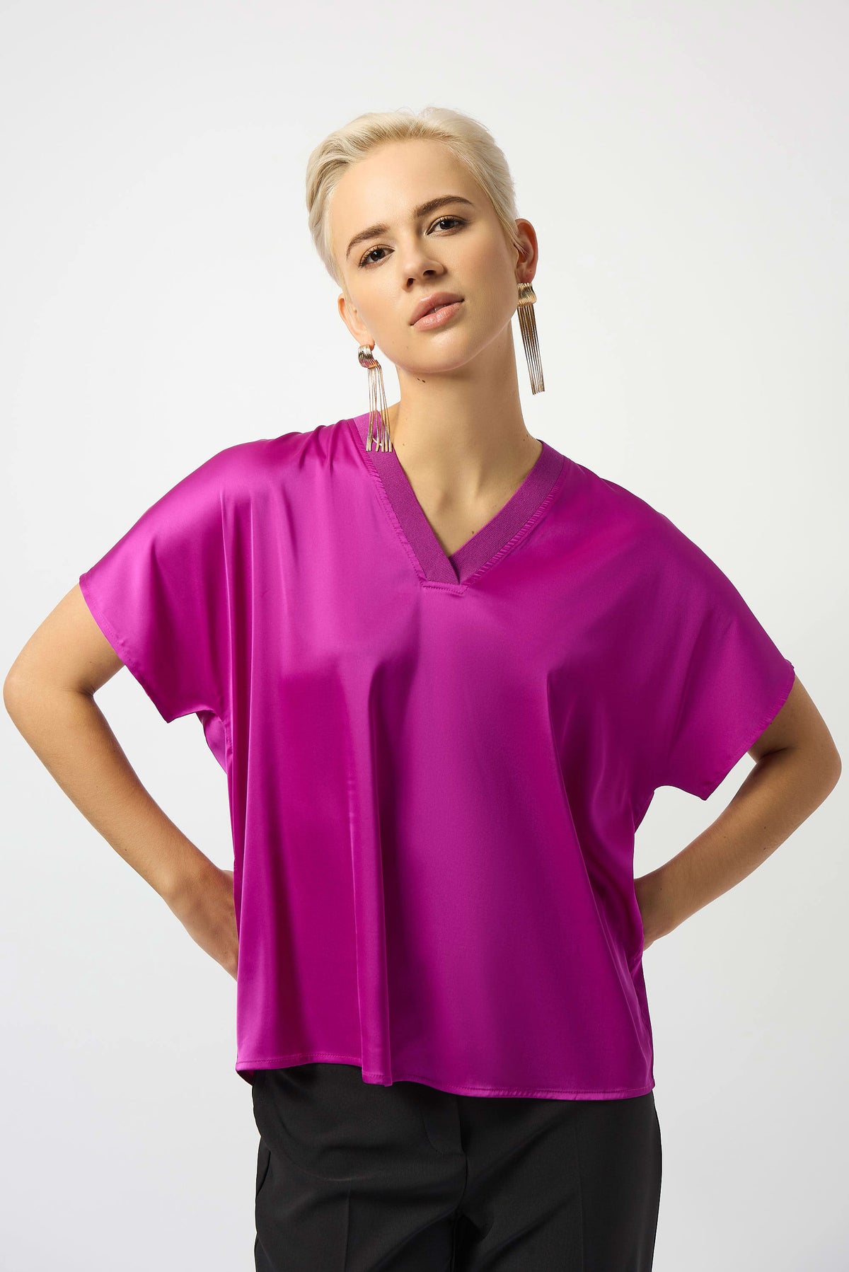 Joseph Ribkoff Satin Boxy Top with Rib Trim