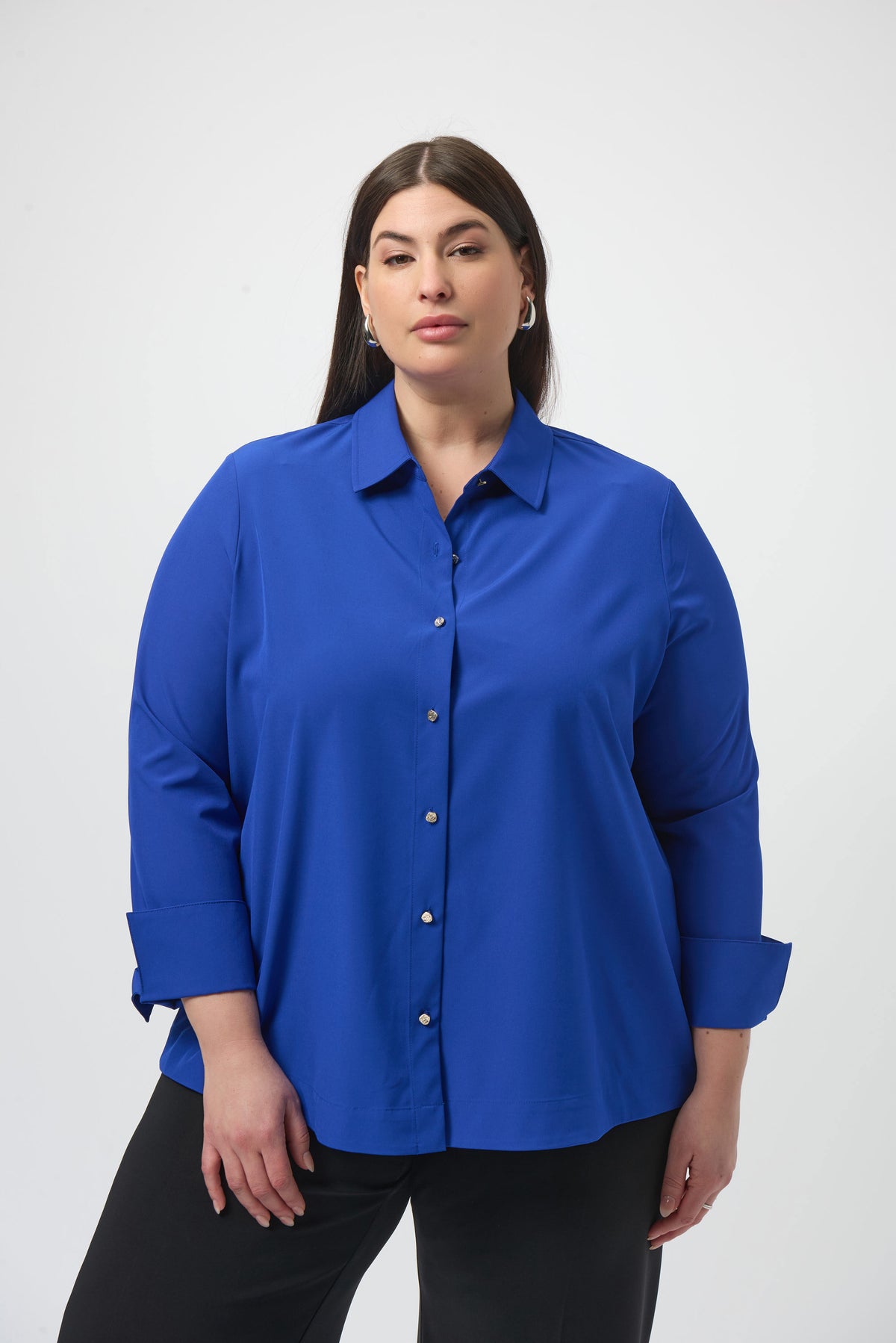 Joseph Ribkoff Royal Saphire Stretch Poplin Button-Front Boxy Blouse