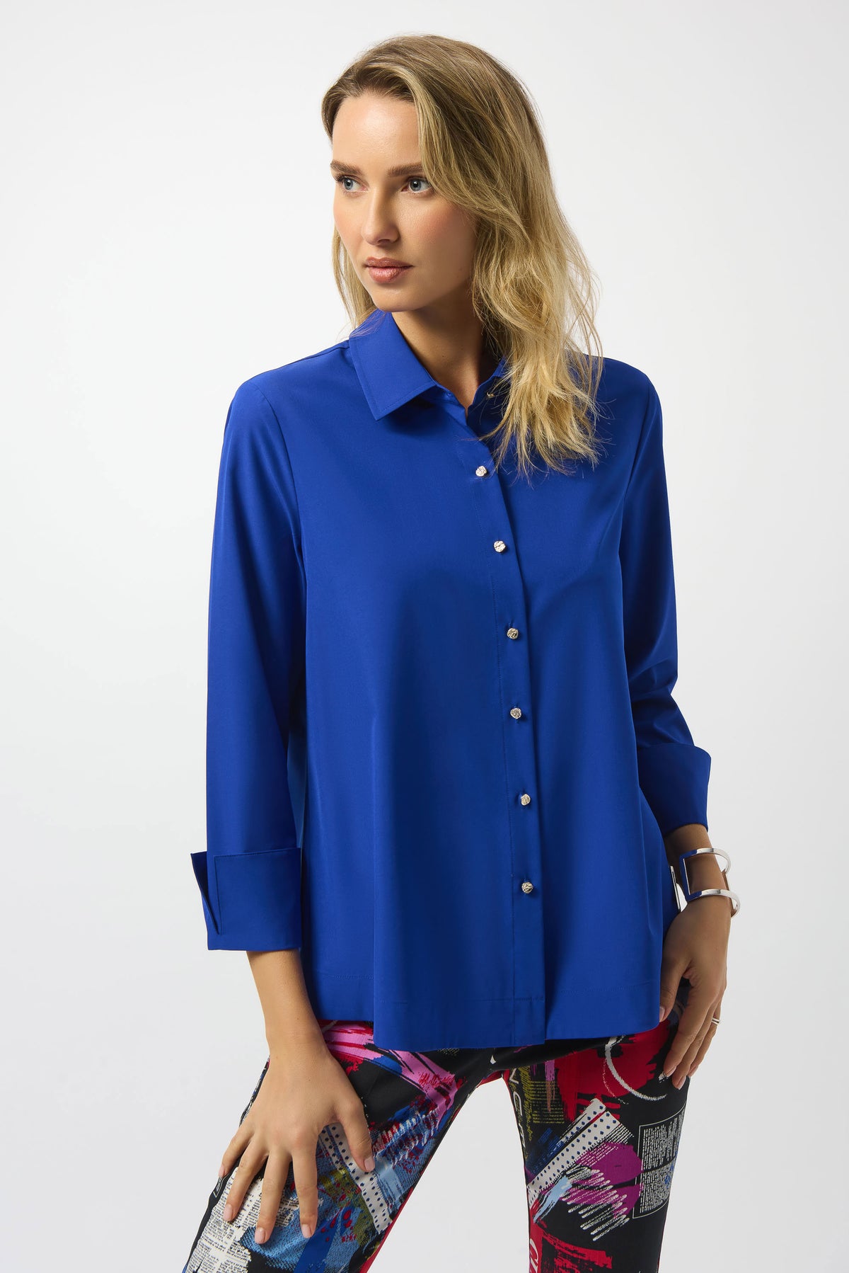 Joseph Ribkoff Royal Saphire Stretch Poplin Button-Front Boxy Blouse