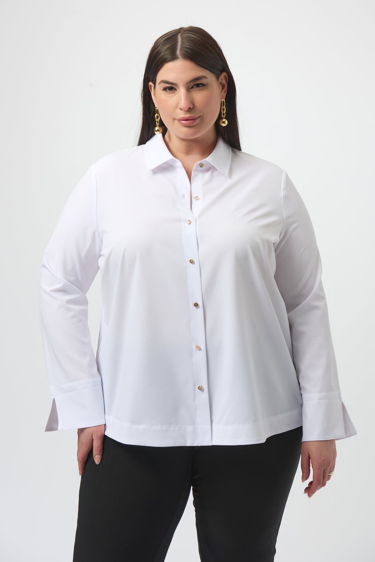 Joseph Ribkoff Optic White Stretch Poplin Button-Front Boxy Blouse