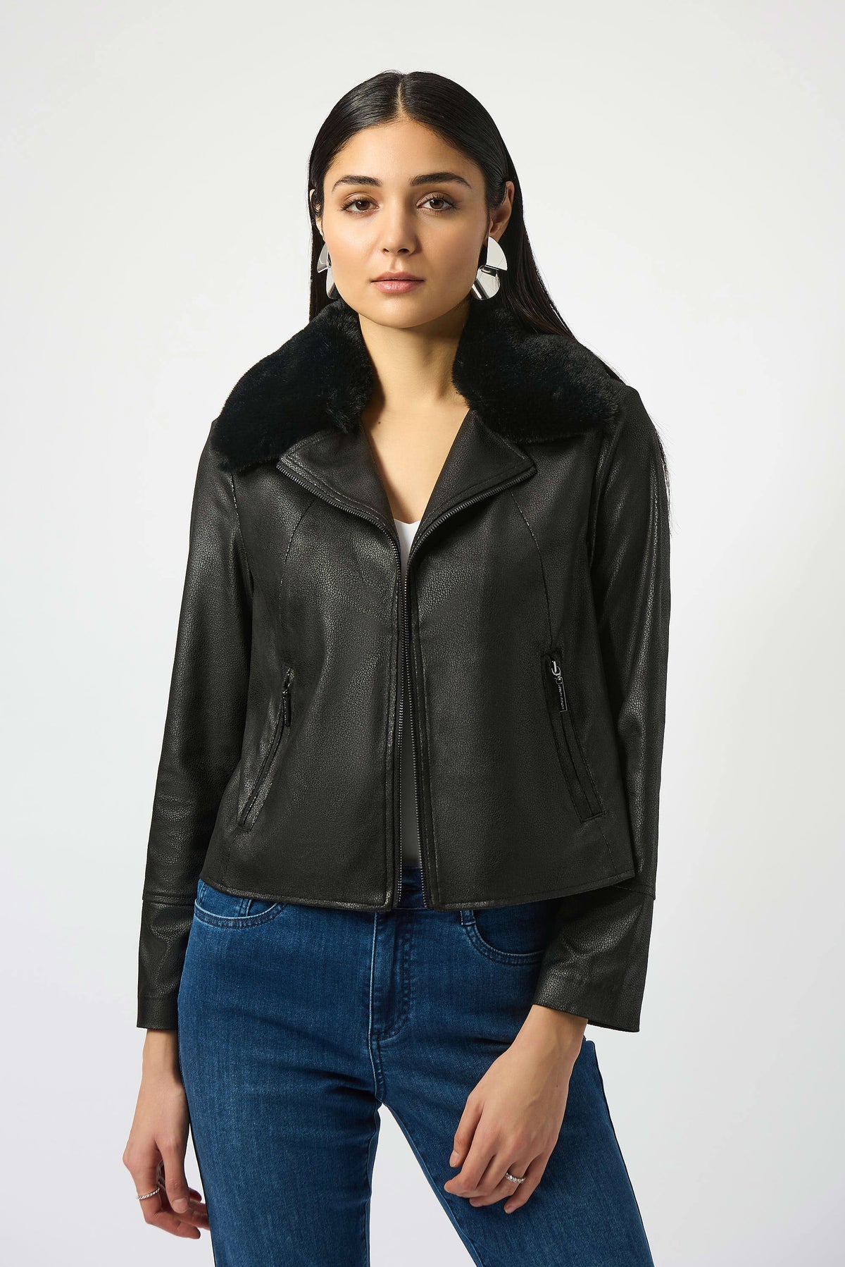 Joseph Ribkoff Black Foiled Suede Swing Jacket with Faux Fur Collar
