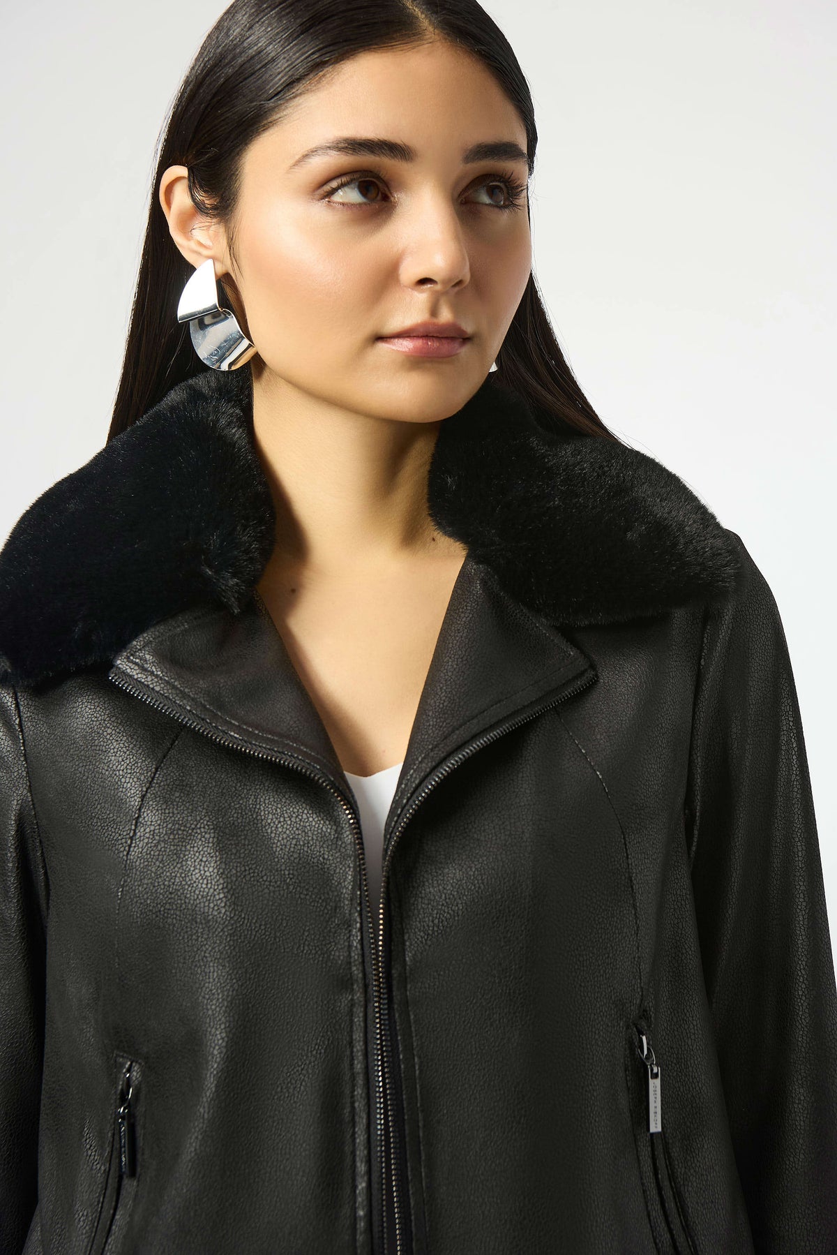 Joseph Ribkoff Black Foiled Suede Swing Jacket with Faux Fur Collar