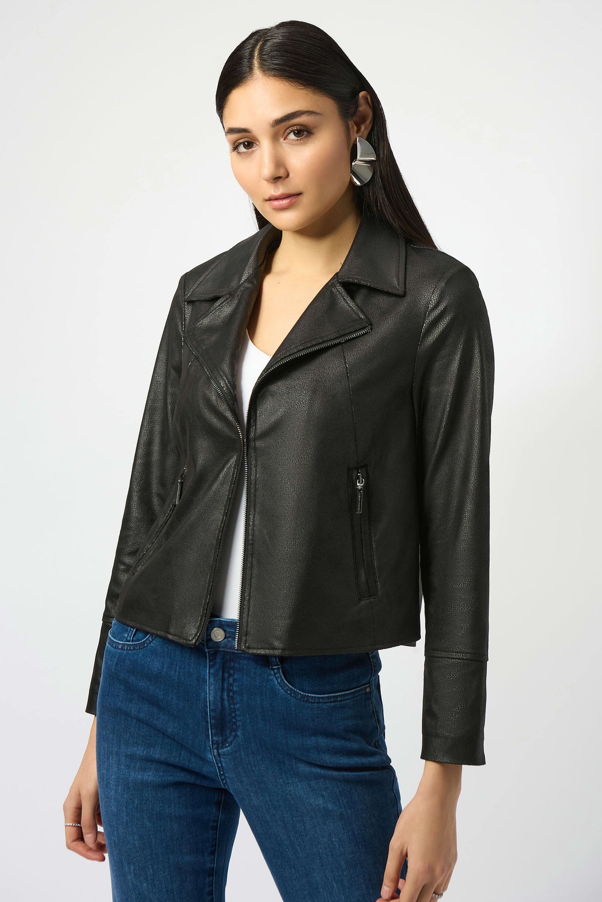 Joseph Ribkoff Black Foiled Suede Swing Jacket with Faux Fur Collar