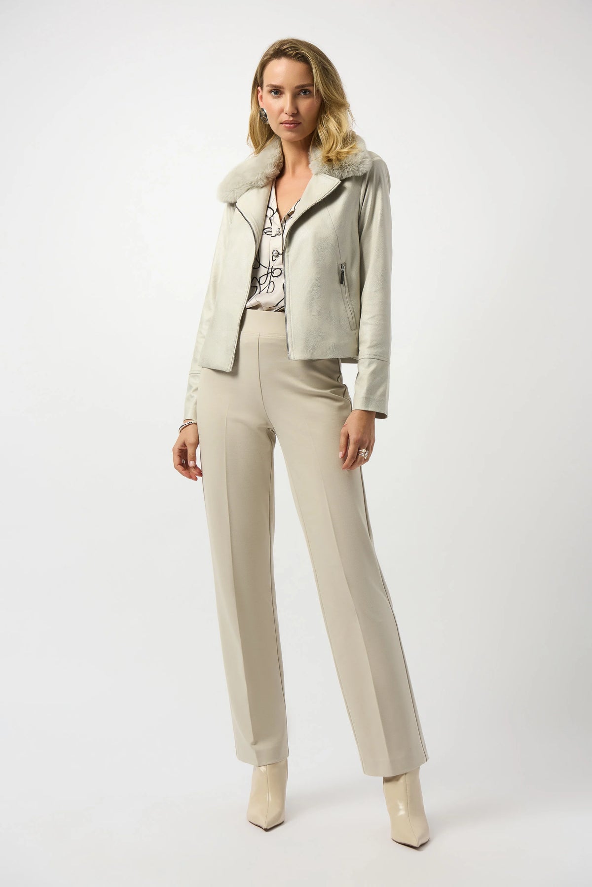 Joseph Ribkoff Foiled Suede Swing Jacket with Faux Fur Collar