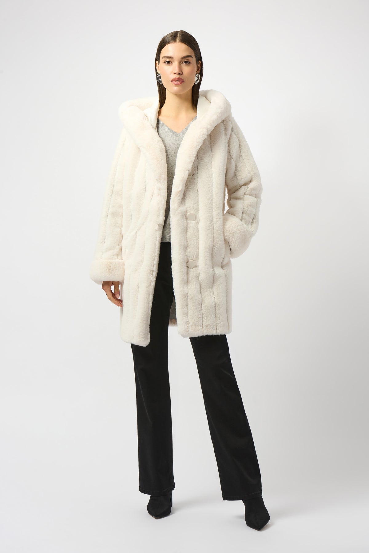 Joseph Ribkoff Vanilla Faux Fur Reversible Hooded Coat