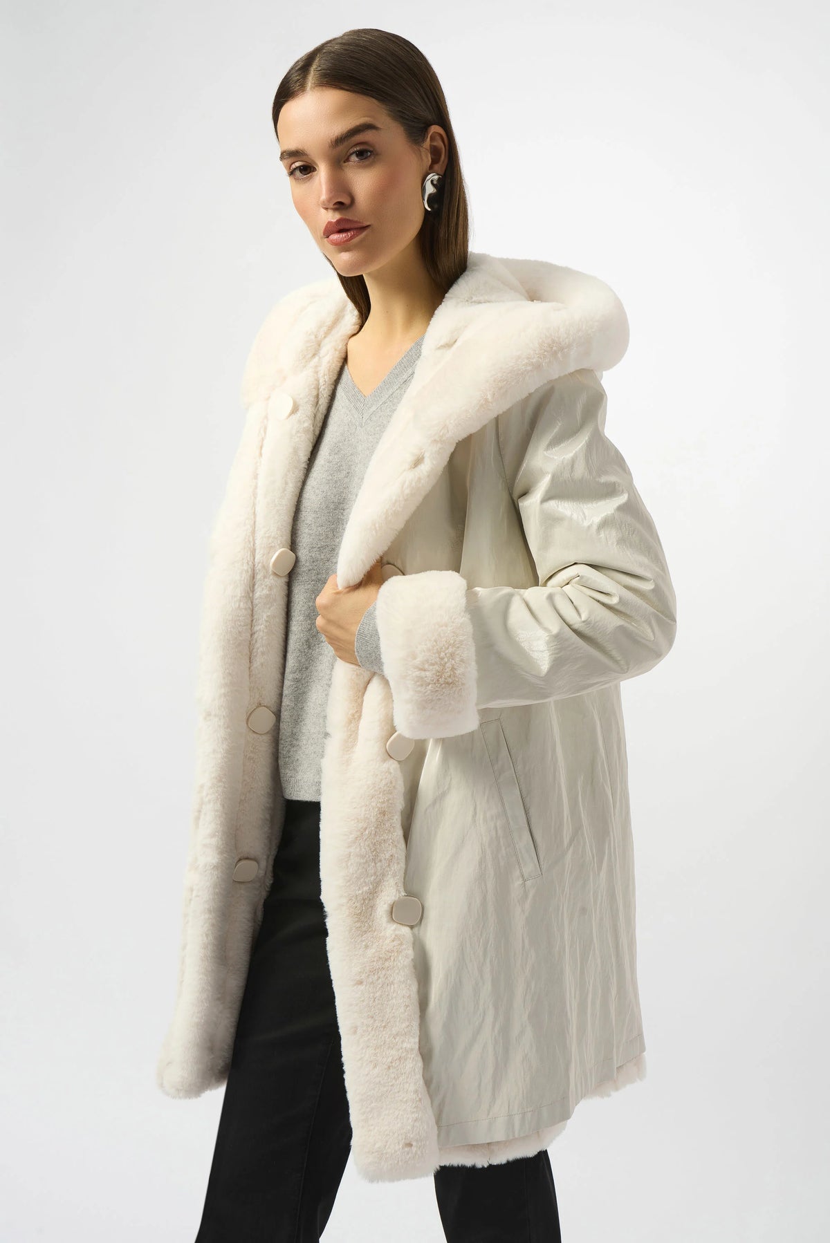 Joseph Ribkoff Vanilla Faux Fur Reversible Hooded Coat