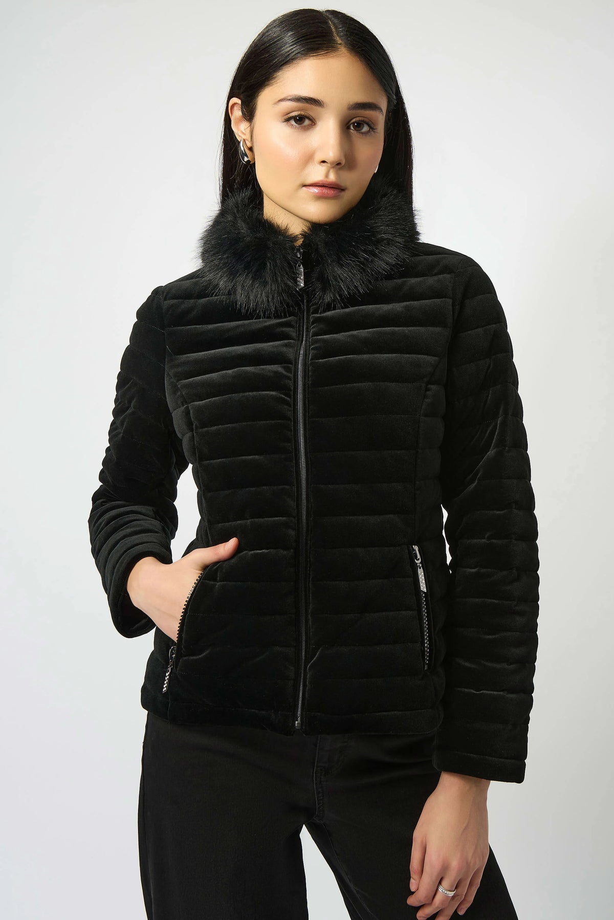 Joseph Ribkoff Black Stretch Velvet Puffer Jacket with Faux Fur Collar
