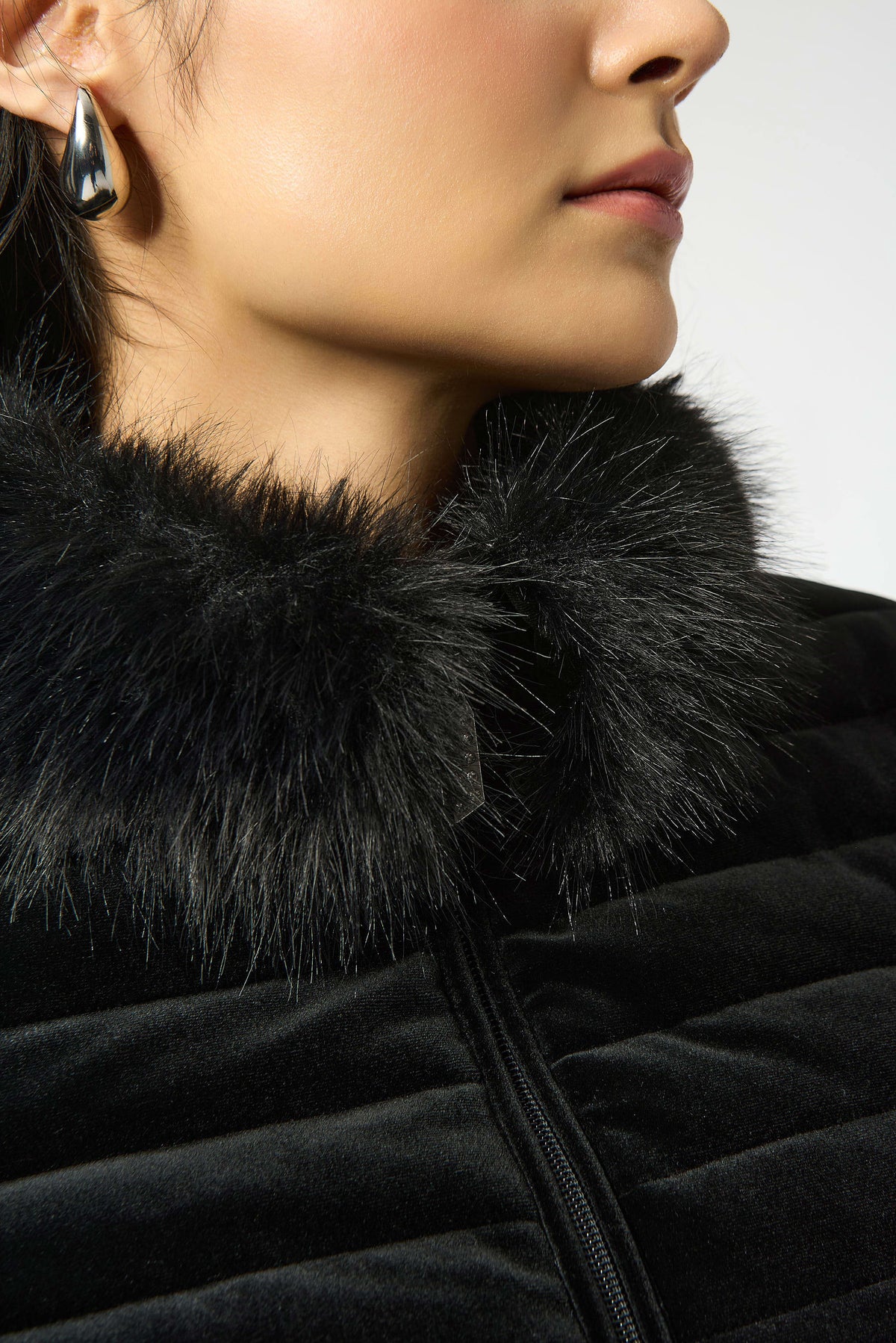 Joseph Ribkoff Black Stretch Velvet Puffer Jacket with Faux Fur Collar
