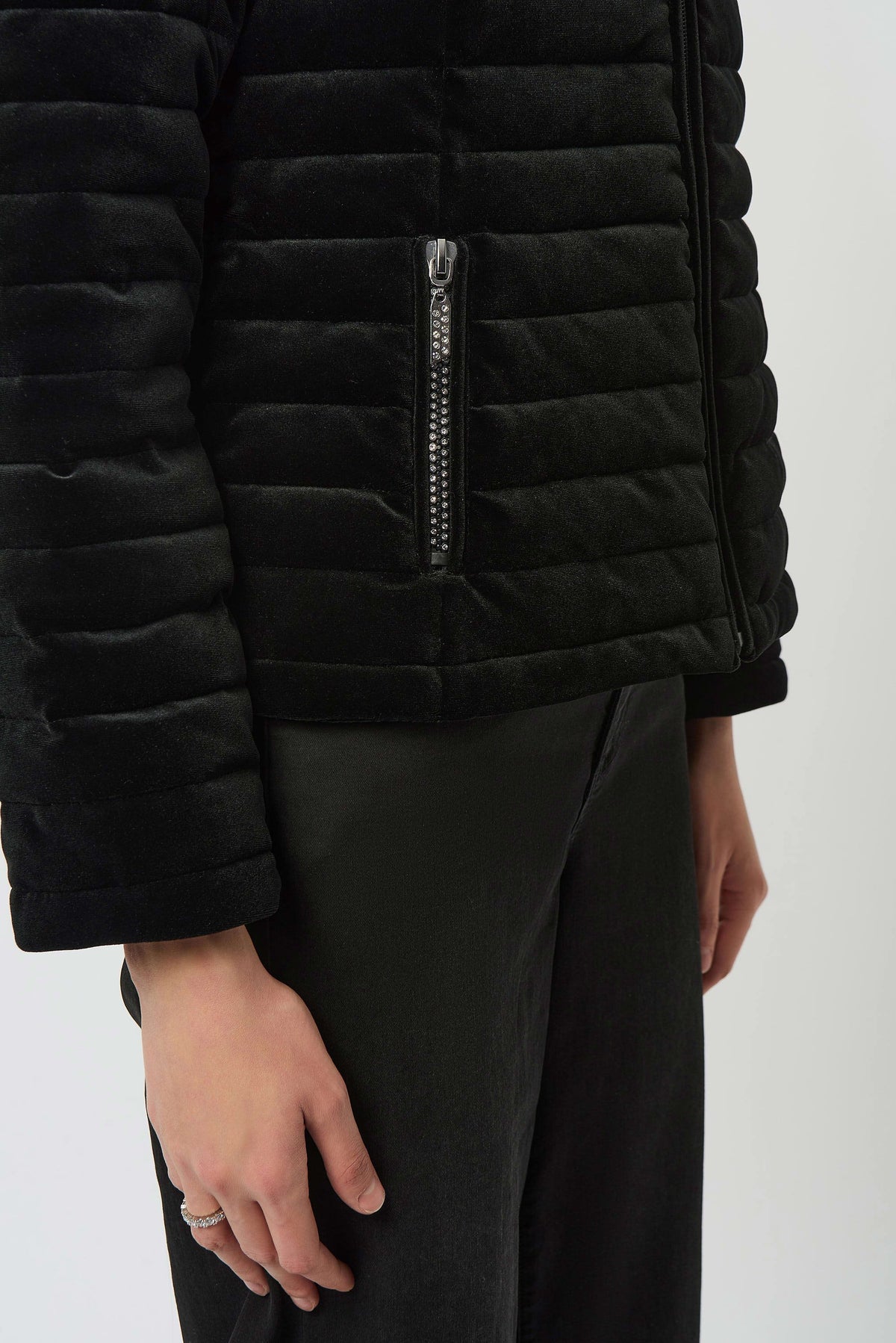 Joseph Ribkoff Black Stretch Velvet Puffer Jacket with Faux Fur Collar