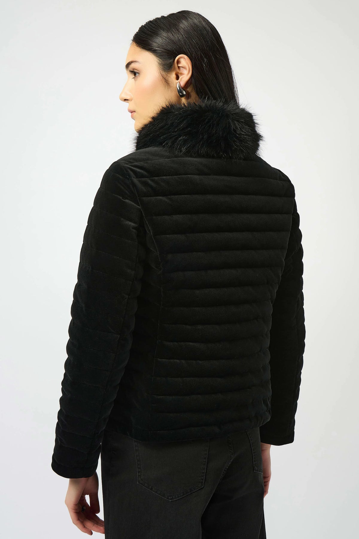Joseph Ribkoff Black Stretch Velvet Puffer Jacket with Faux Fur Collar