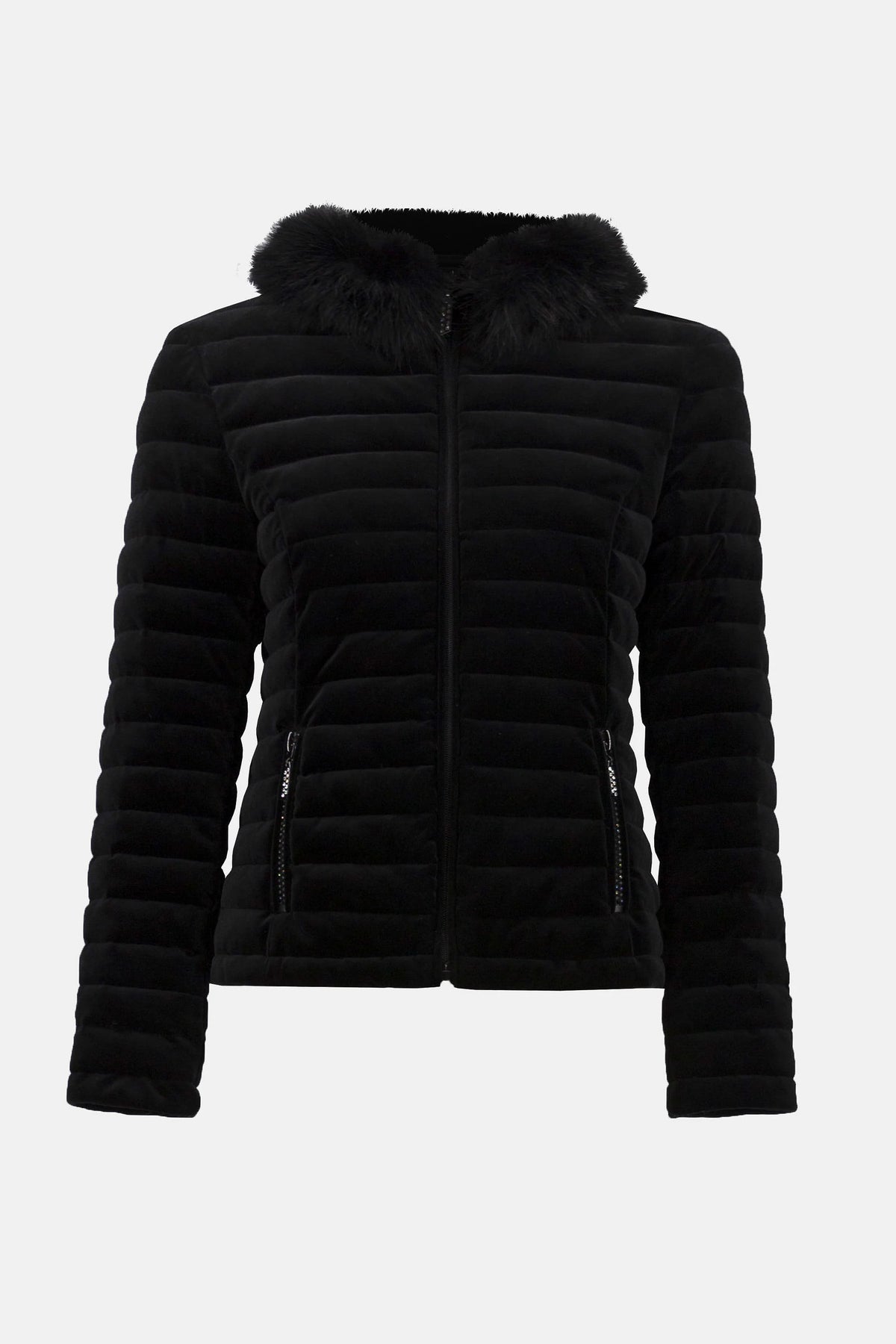 Joseph Ribkoff Black Stretch Velvet Puffer Jacket with Faux Fur Collar