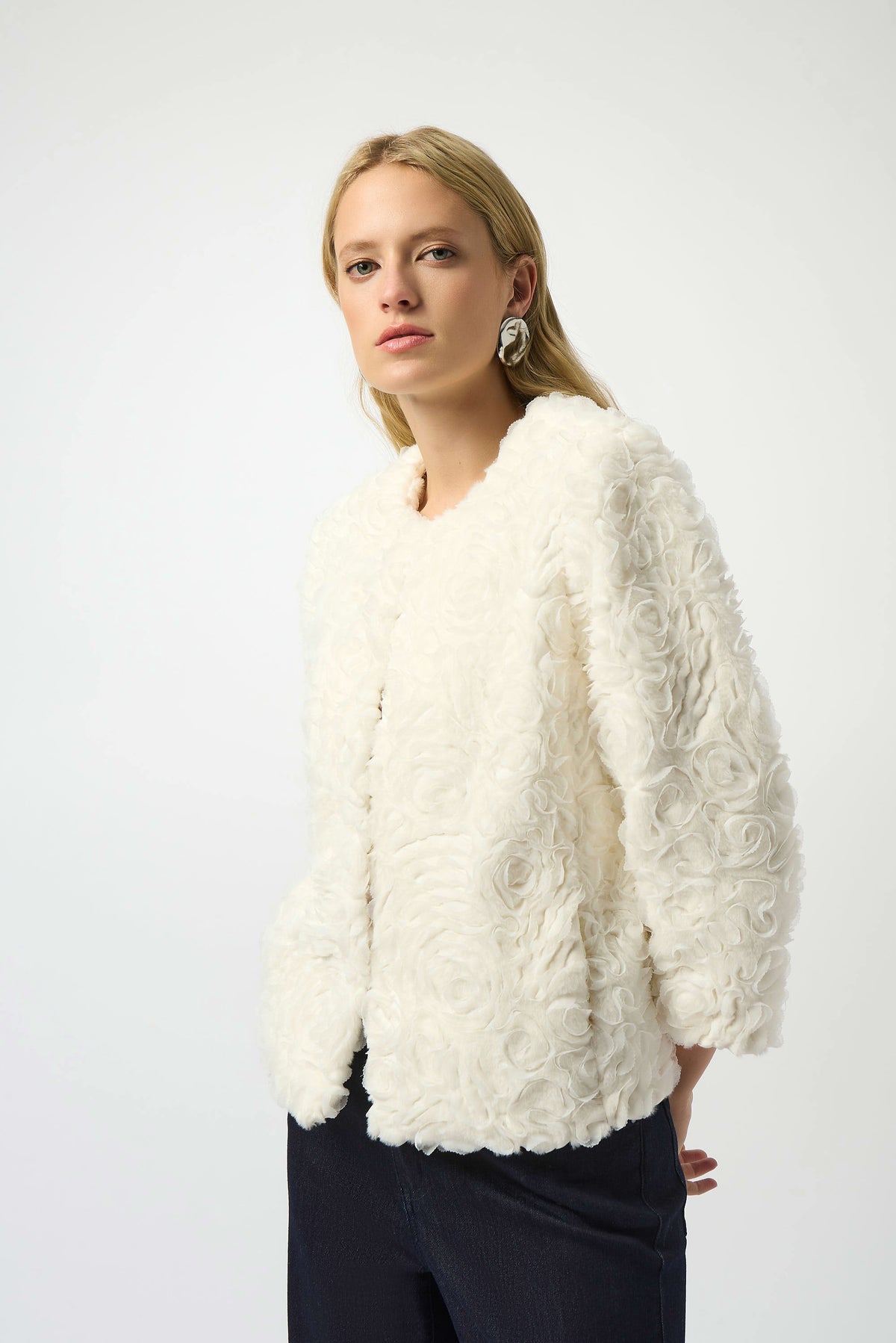 Joseph Ribkoff Vanilla Embroidered Faux Fur Collarless Jacket