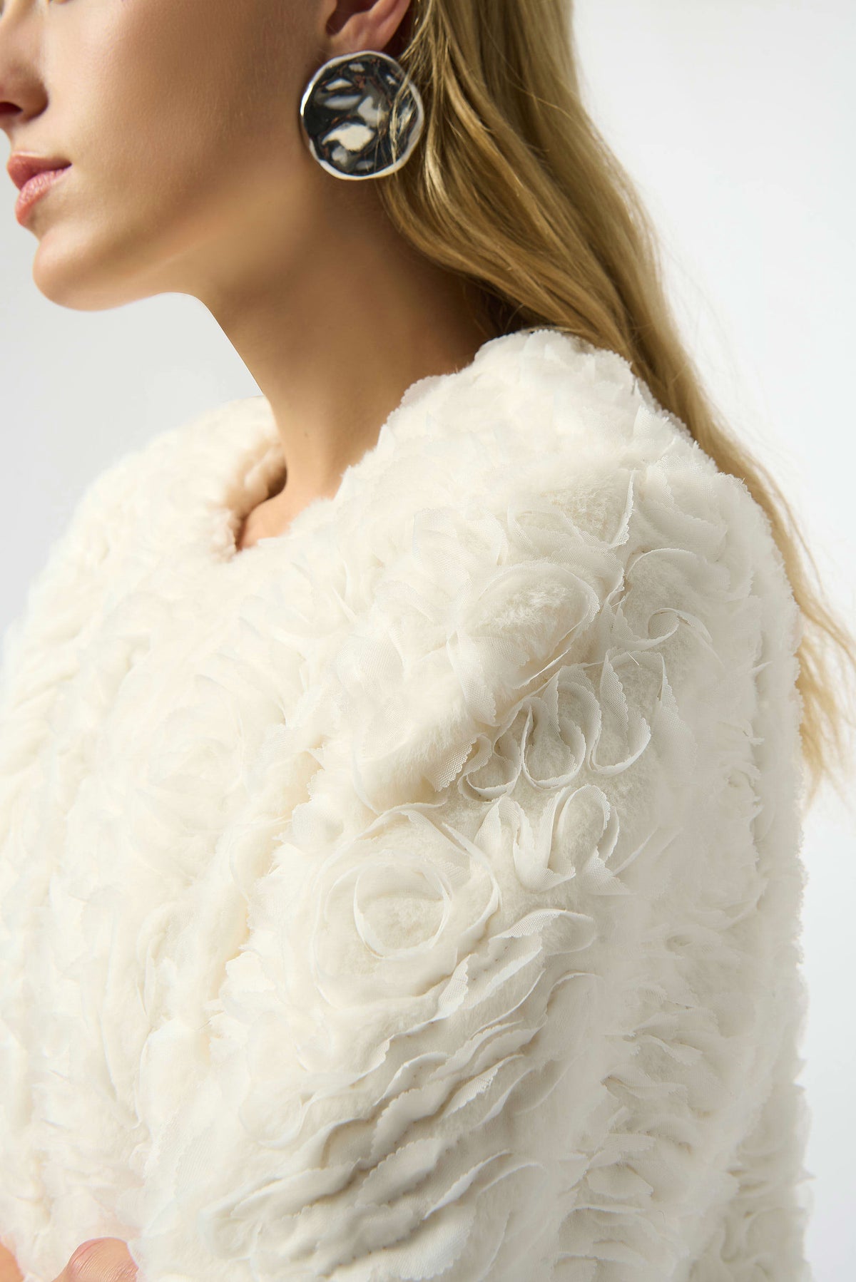 Joseph Ribkoff Vanilla Embroidered Faux Fur Collarless Jacket