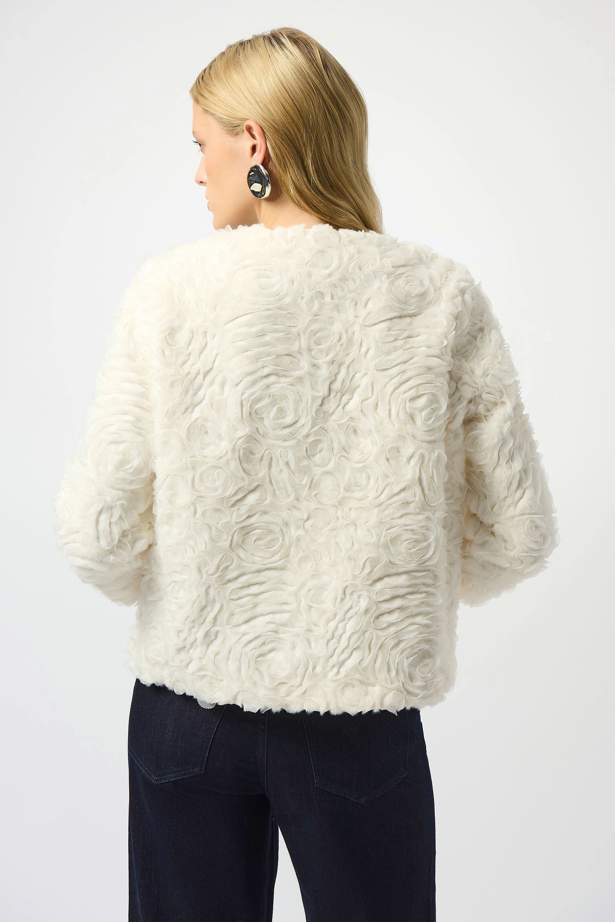 Joseph Ribkoff Vanilla Embroidered Faux Fur Collarless Jacket