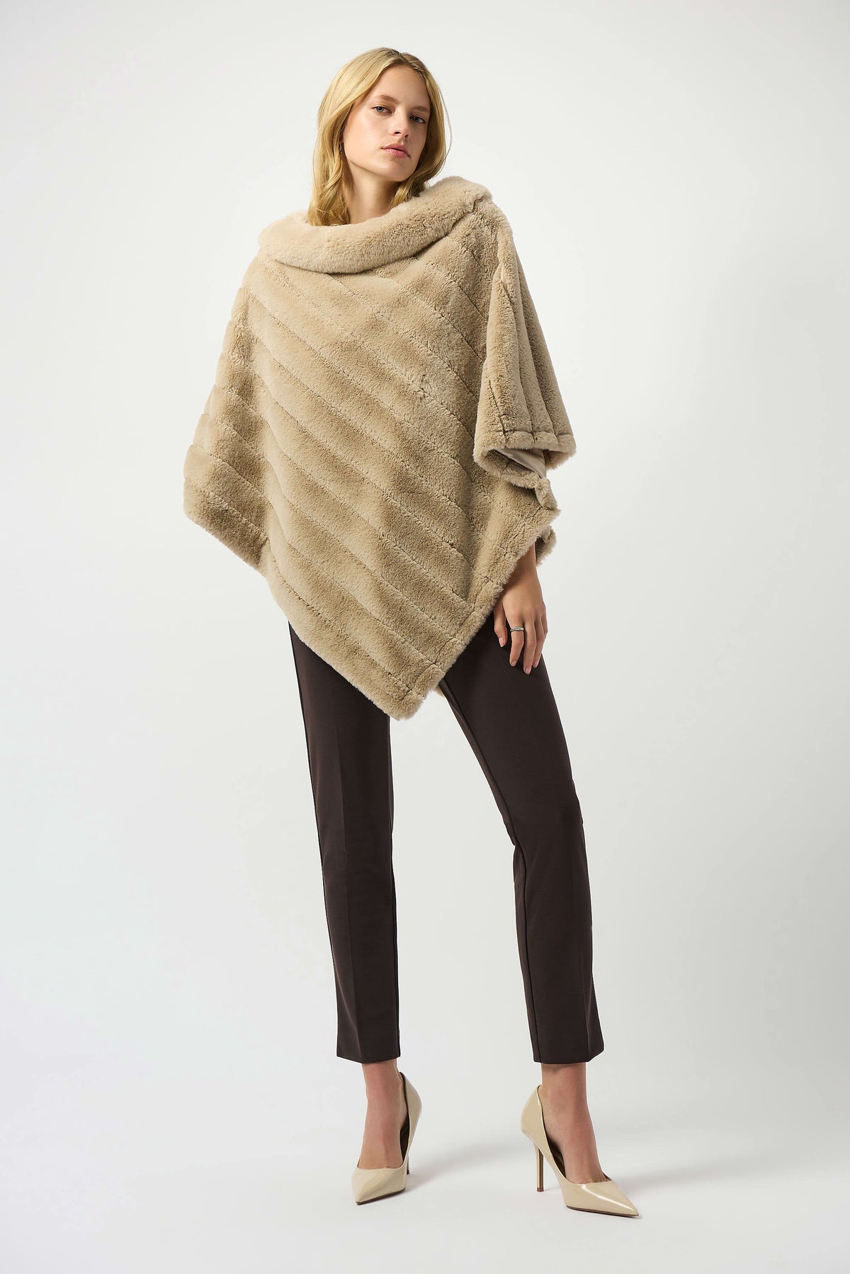 Joseph Ribkoff Champagne Faux Fur Textured Stripe Poncho