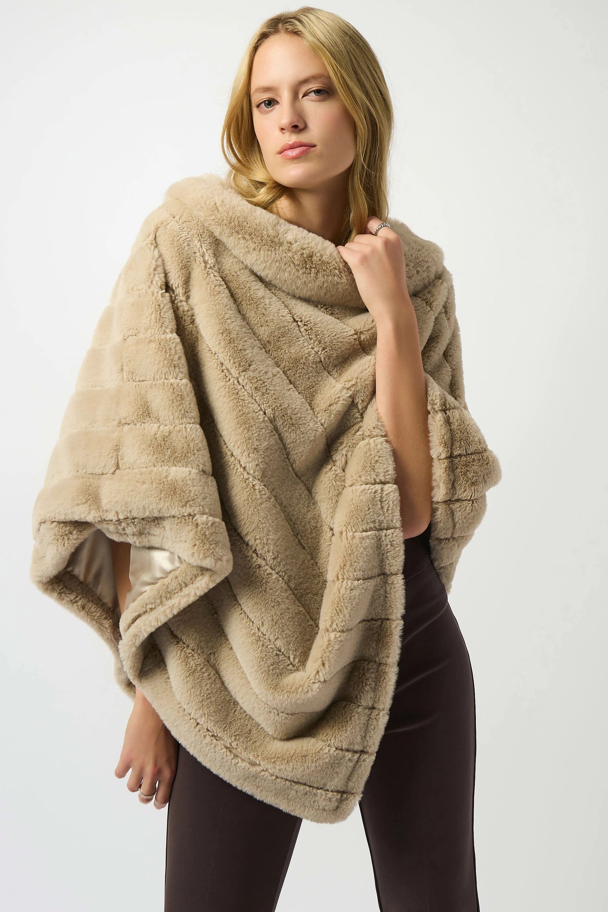 Joseph Ribkoff Champagne Faux Fur Textured Stripe Poncho
