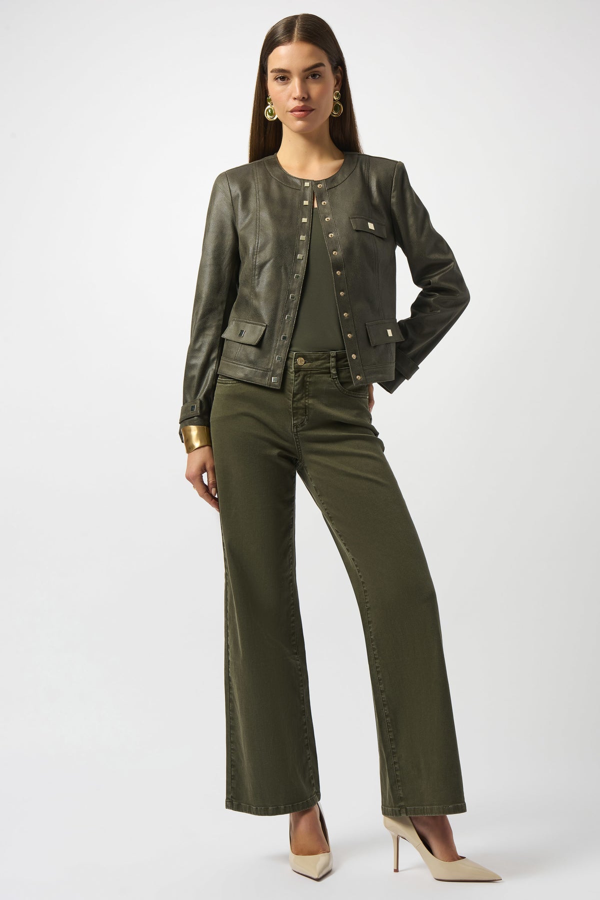 Joseph Ribkoff Avocado Foiled Faux Suede Fitted Jacket