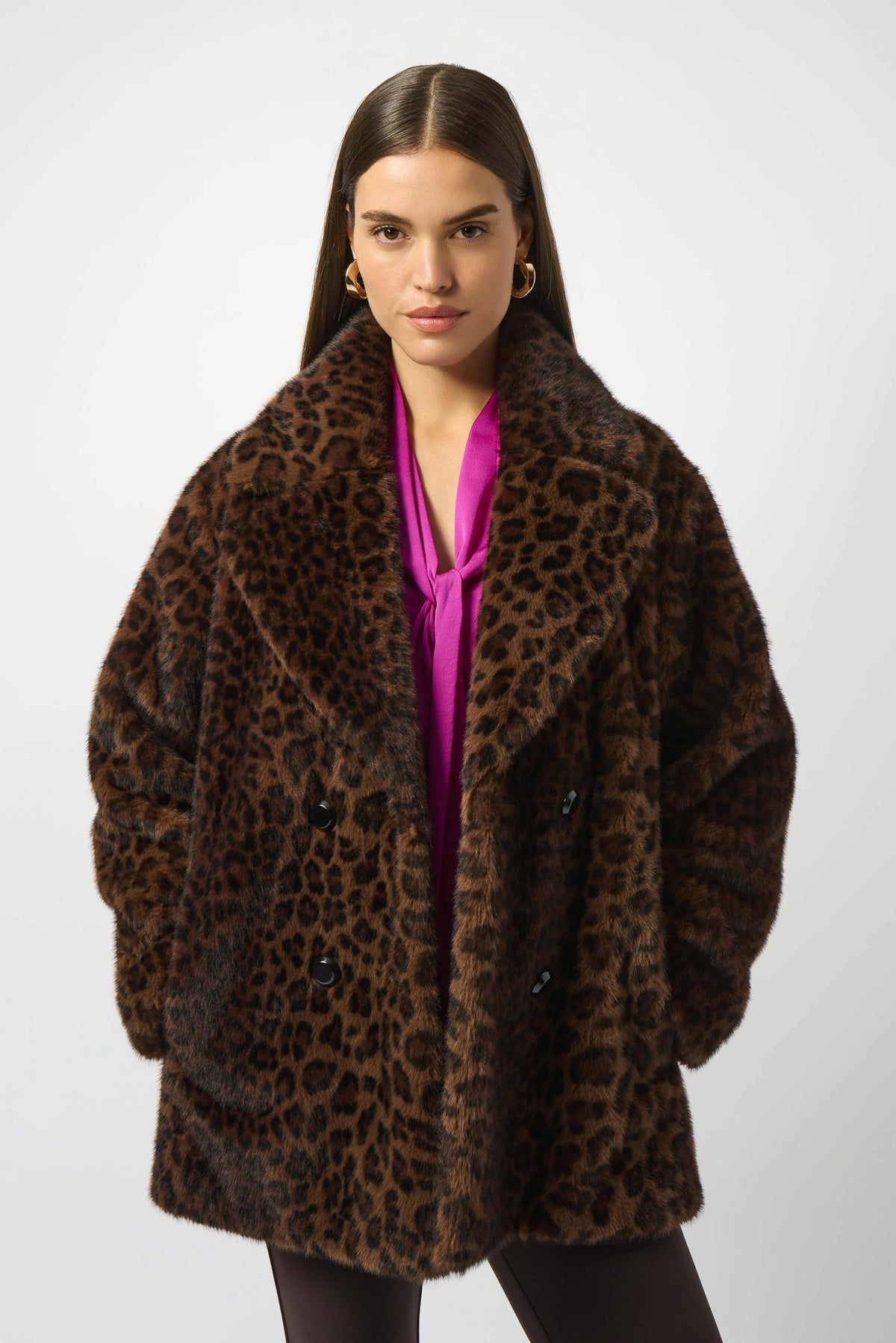 Joseph Ribkoff Faux Fur Leopard Print Double-Breasted Coat