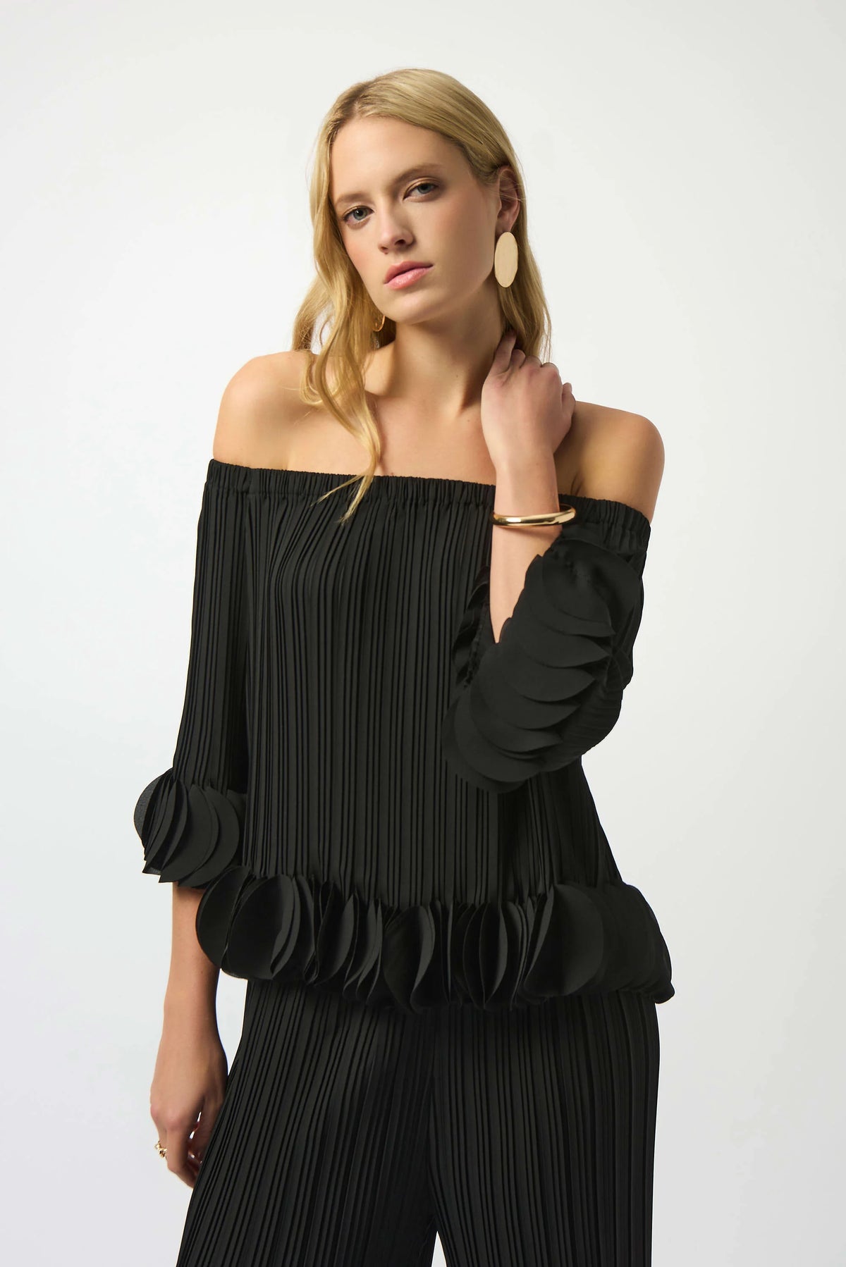 Joseph Ribkoff Black Georgette Off Shoulder Pleated Top