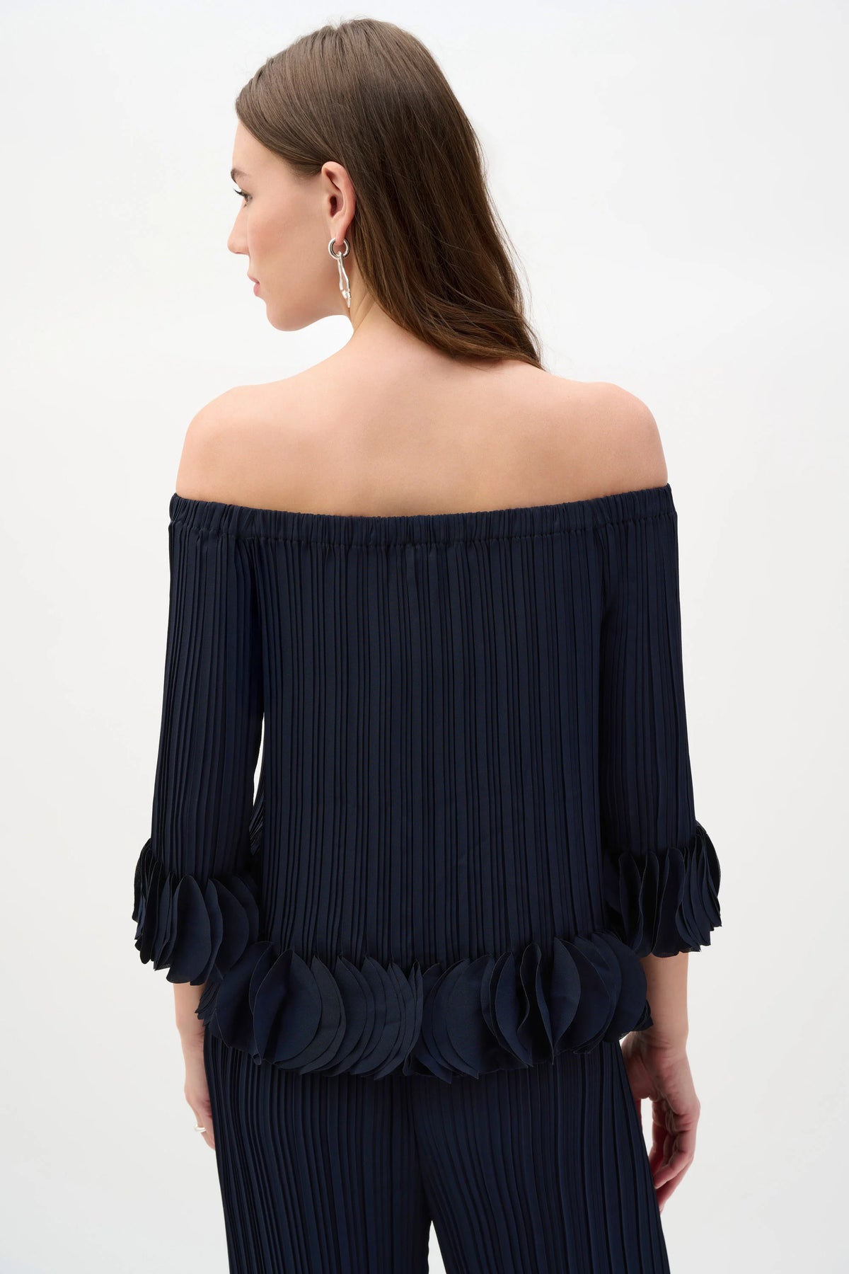 Joseph Ribkoff Midnight Blue Georgette Off Shoulder Pleated Top