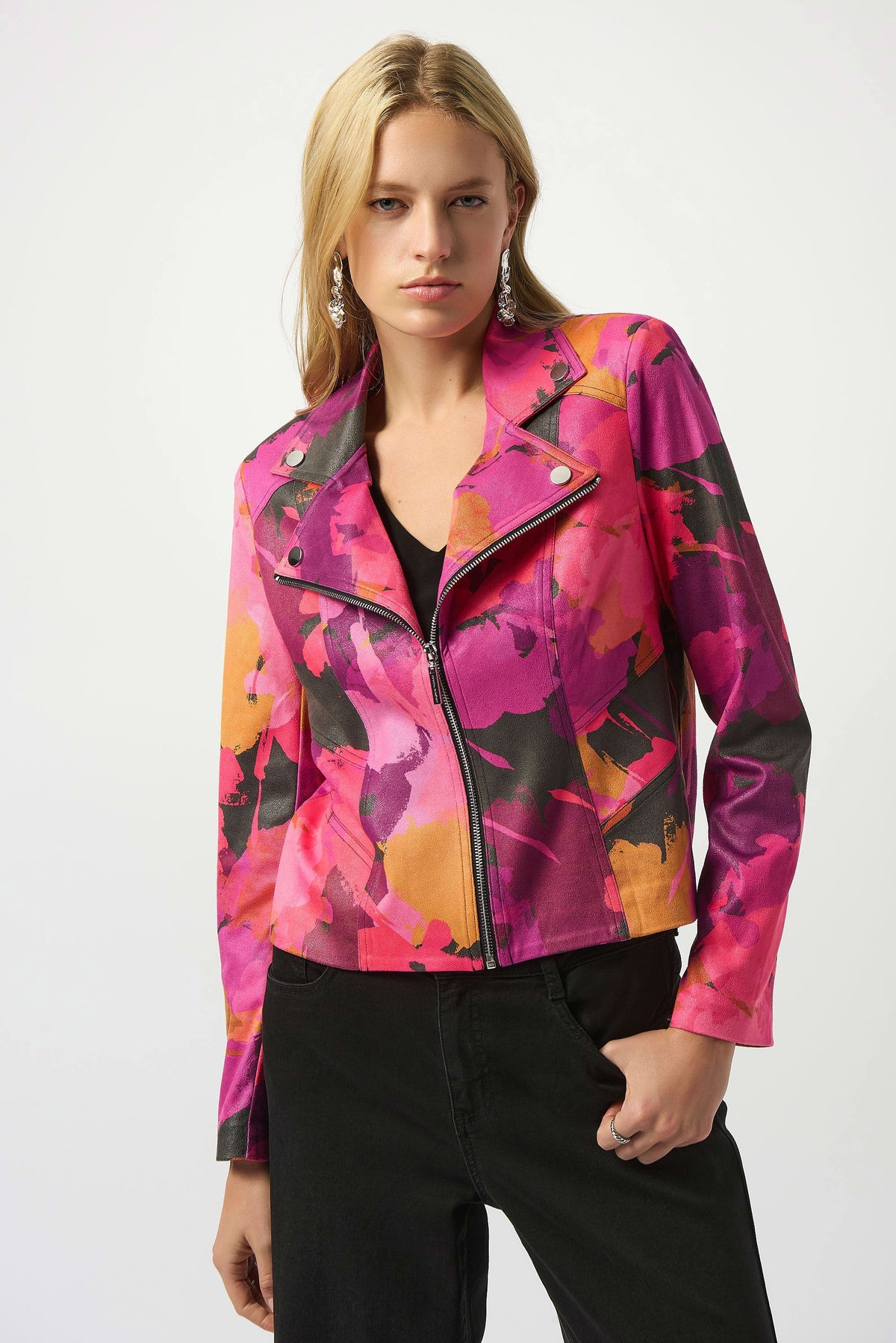 Joseph Ribkoff Black/Multi Foiled Faux Suede Abstract Print Fitted Jacket