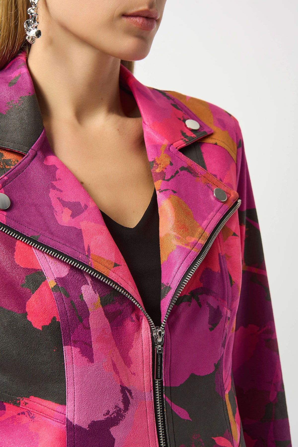 Joseph Ribkoff Black/Multi Foiled Faux Suede Abstract Print Fitted Jacket