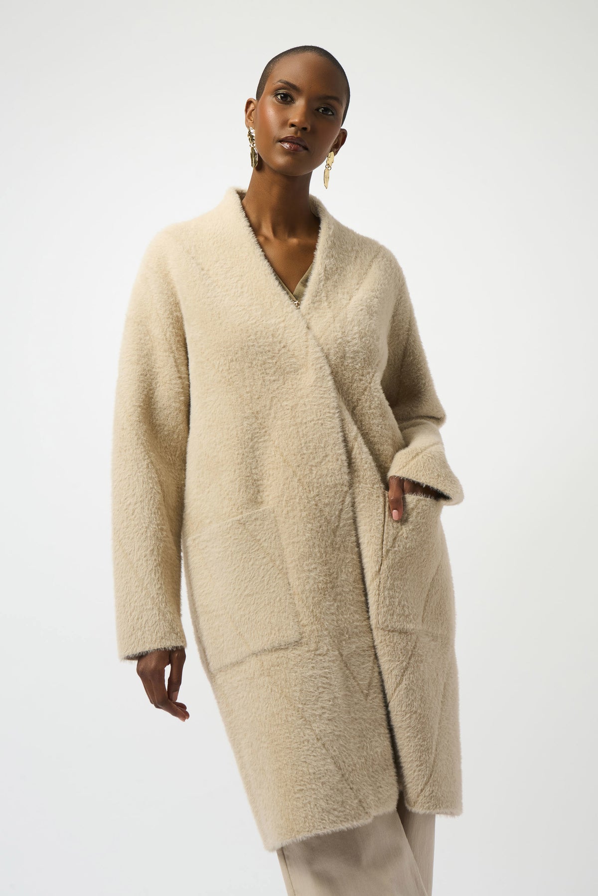 Joseph Ribkoff Almond Feather Yarn Sweater Knit Coat