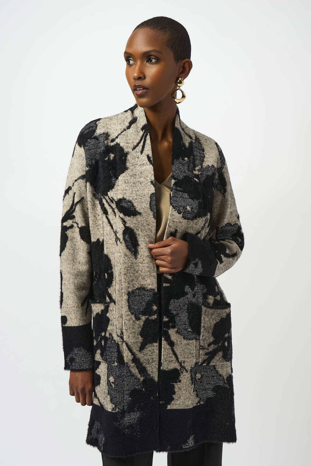 Joseph Ribkoff Abstract Jacquard Sweater Knit Long Cardigan
