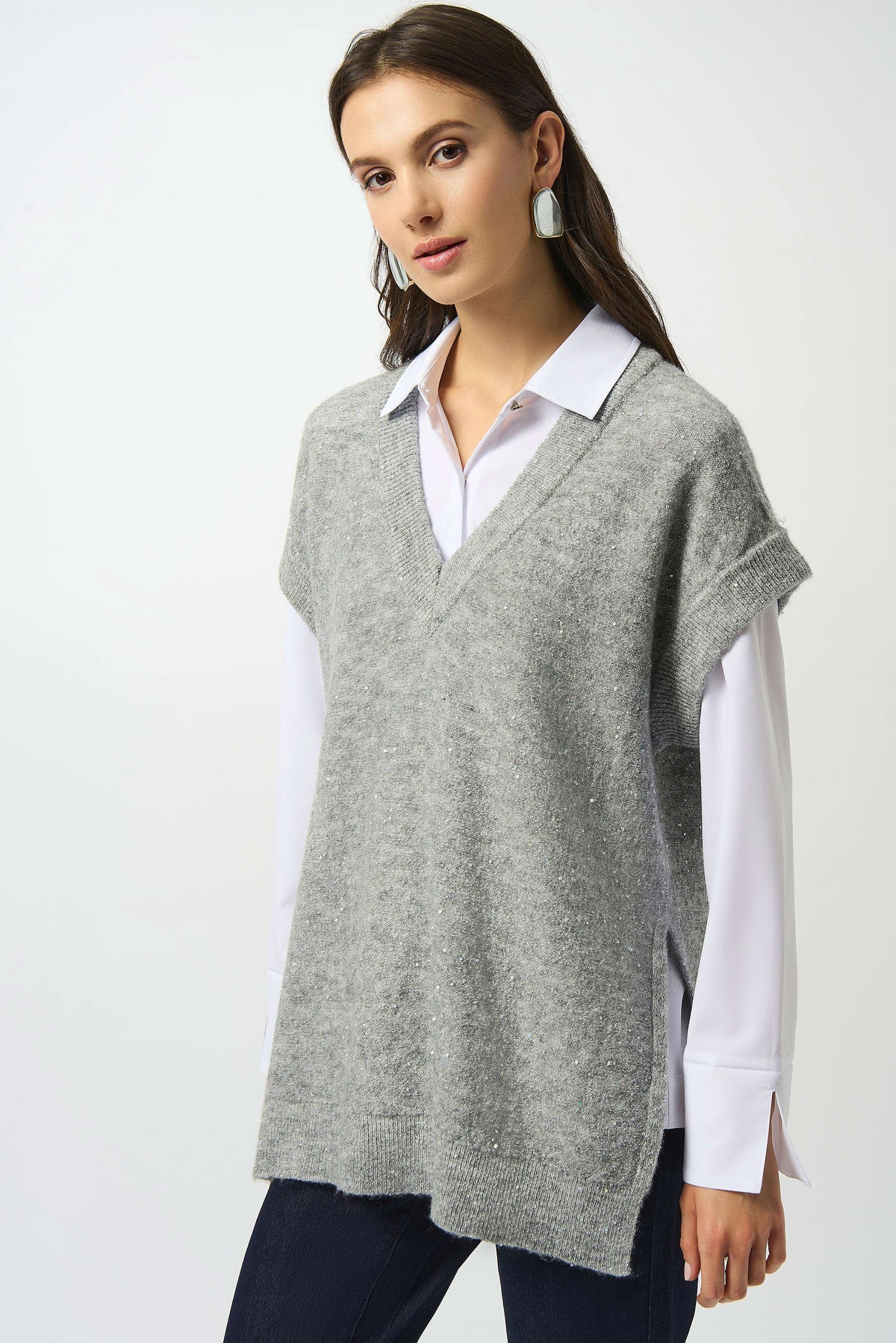 Joseph Ribkoff Grey Sweater Knit Sleeveless Tunic with Sequins