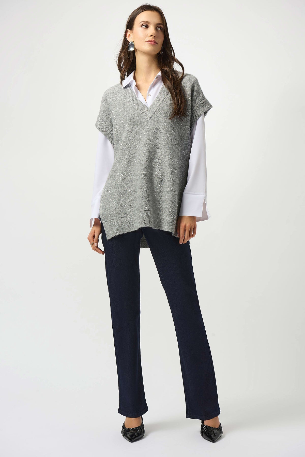 Joseph Ribkoff Grey Sweater Knit Sleeveless Tunic with Sequins