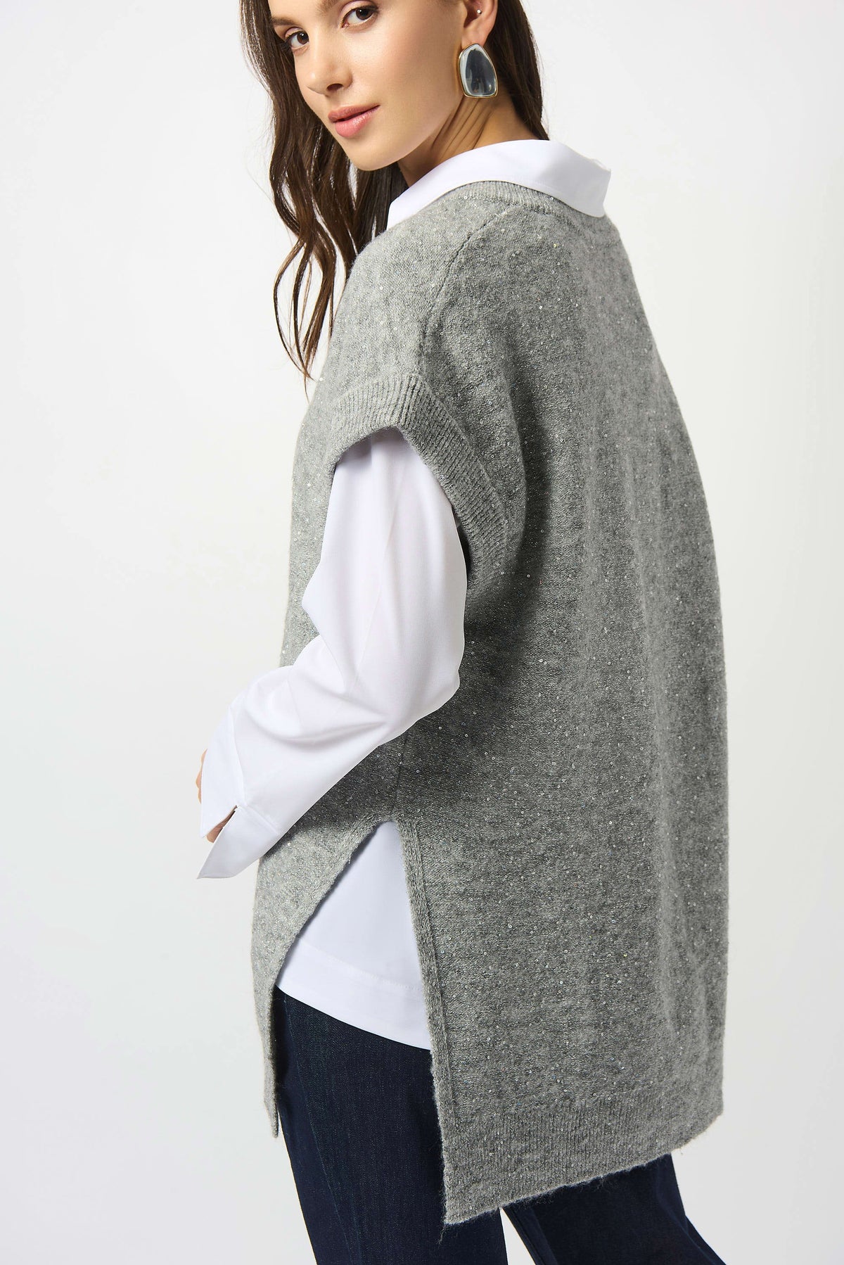 Joseph Ribkoff Grey Sweater Knit Sleeveless Tunic with Sequins