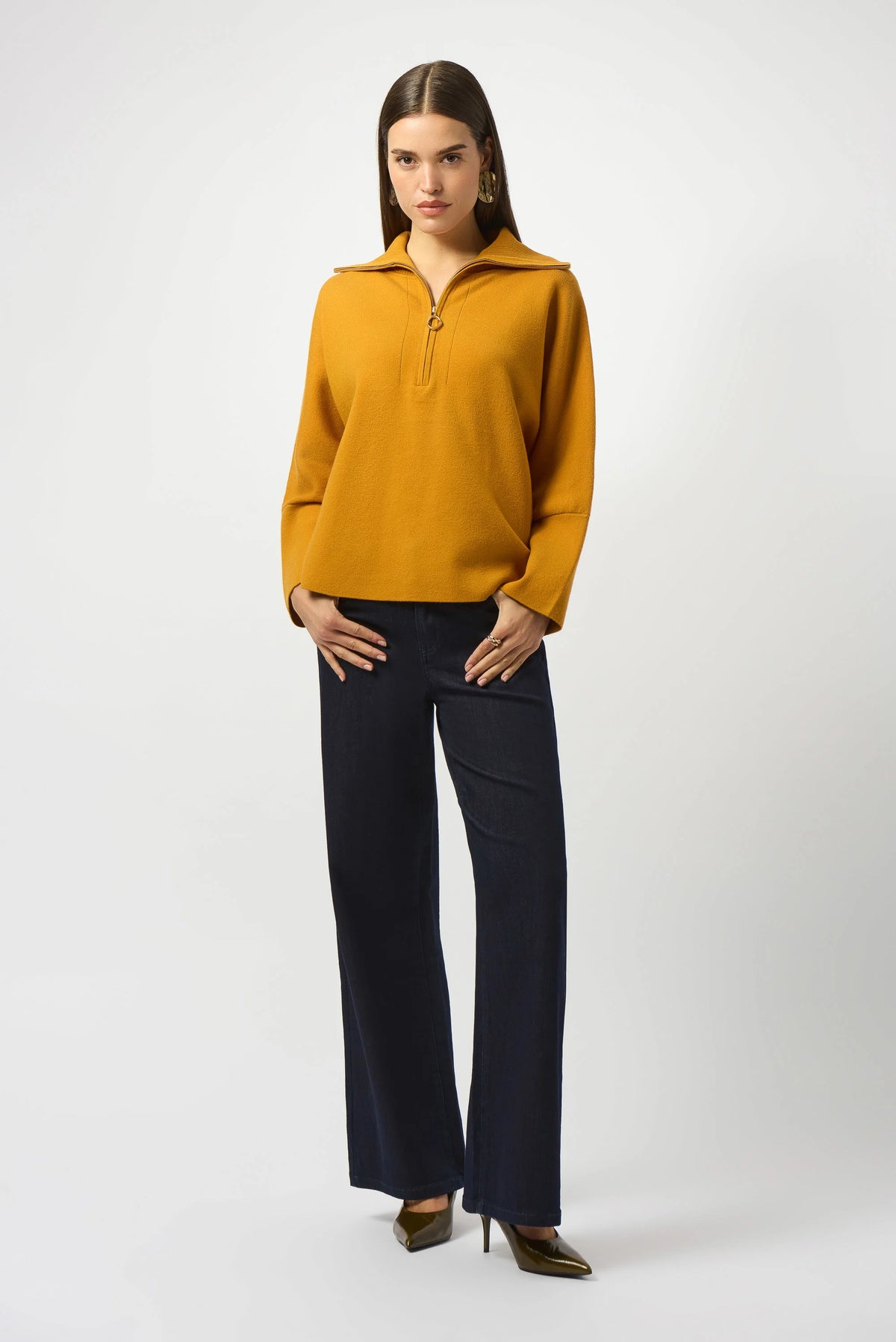 Joseph Ribkoff Sweater Knit Boxy Pullover With Zipped Collar