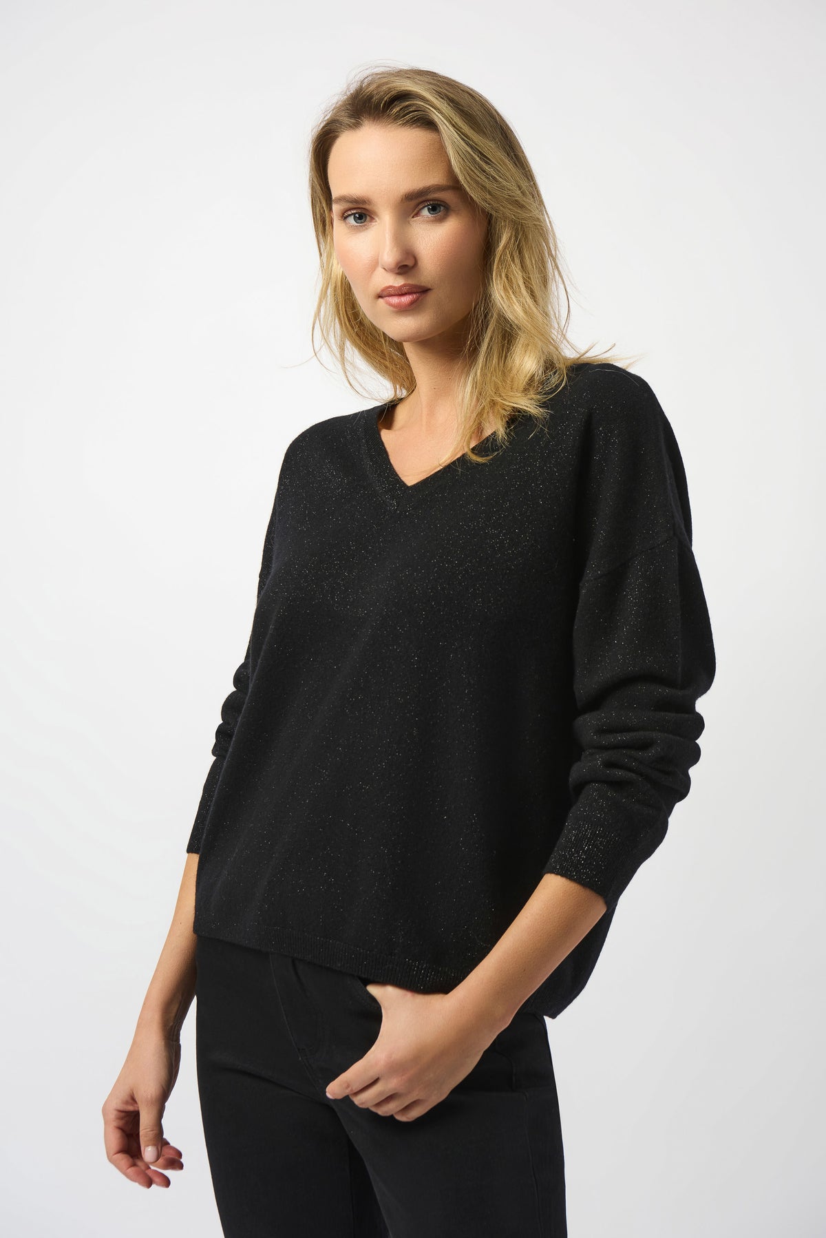 Joseph Ribkoff Black Wool Blend V-Neck Boxy Sweater