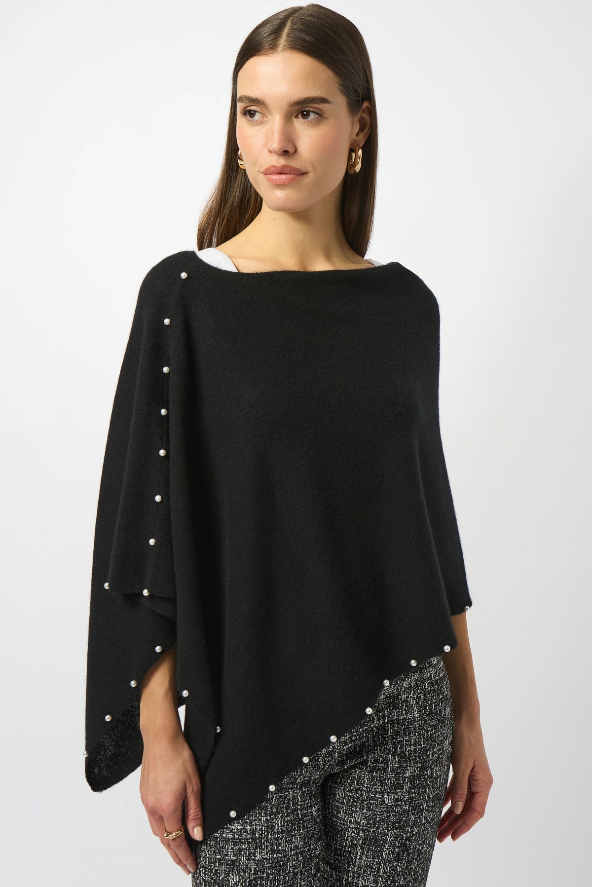 Joseph Ribkoff Black Cashmere Poncho with Pearl Detailing