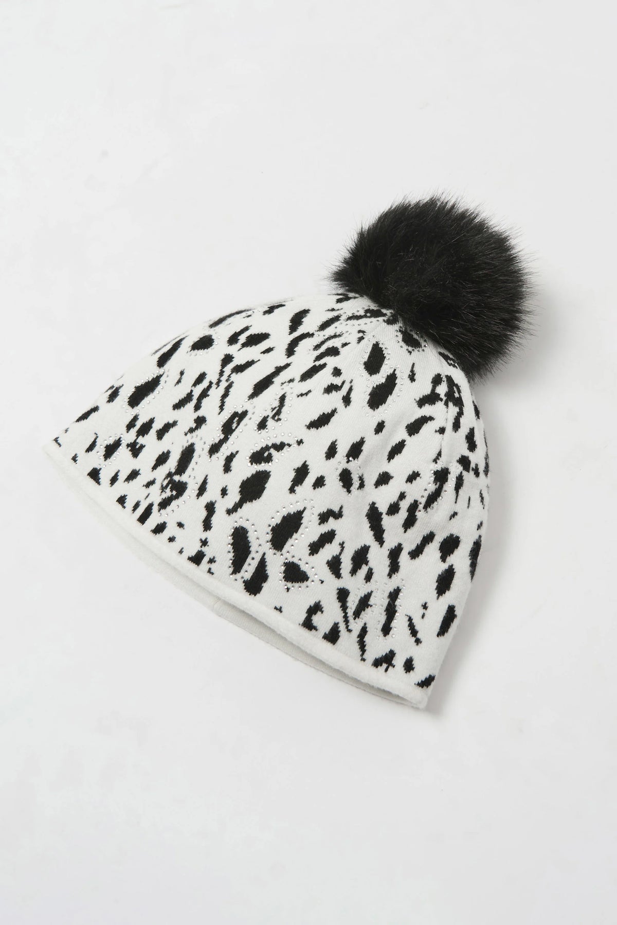 Joseph Ribkoff Winter Black/White Knitted Animal Print Pompom Hat