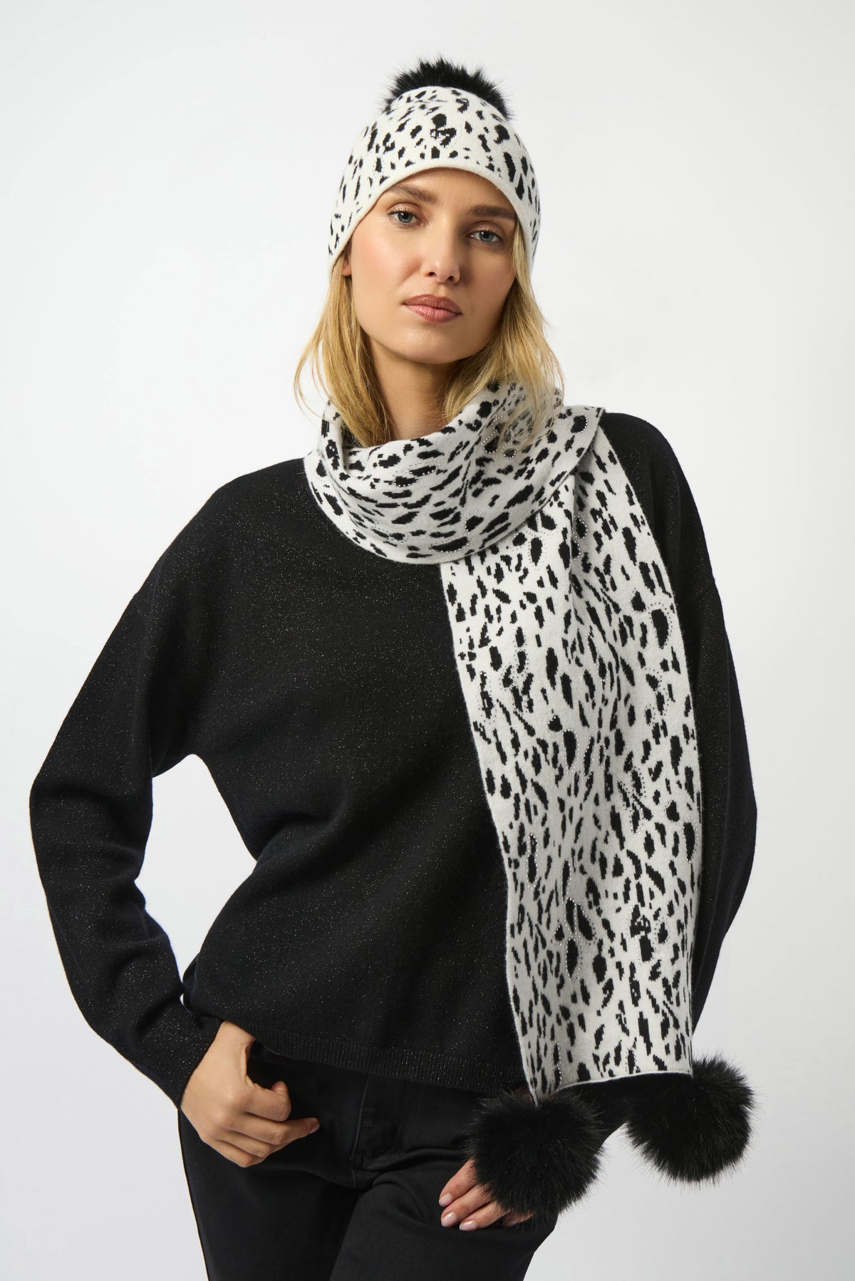 Joseph Ribkoff Knitted Animal Print Pompom Scarf