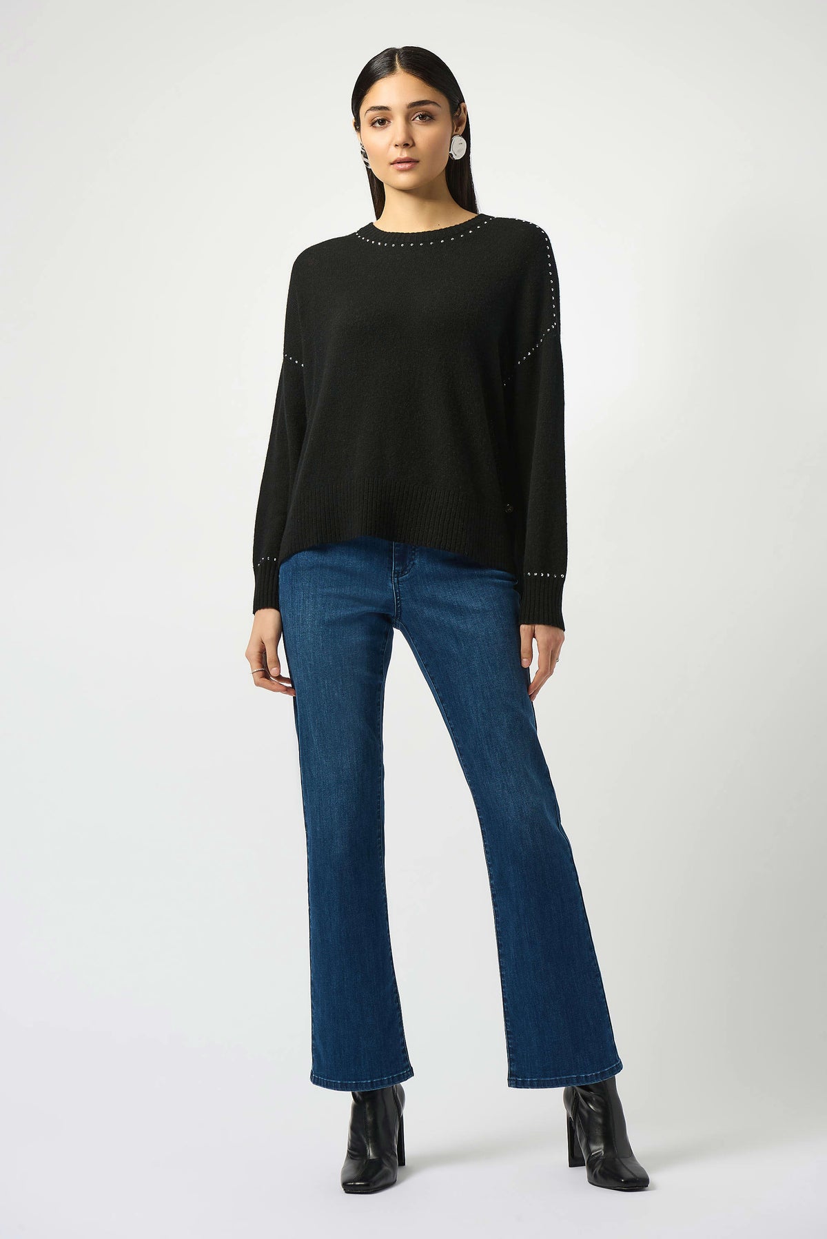 Joseph Ribkoff Black Cashmere Crew Neck Top with Stud Detailing
