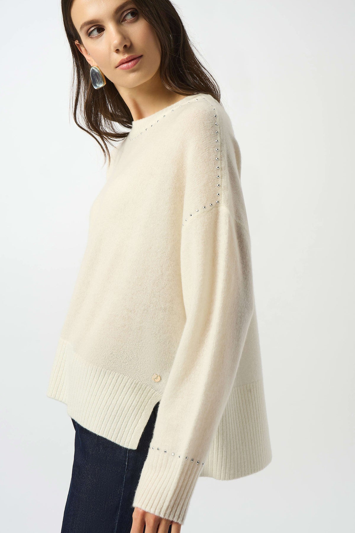 Joseph Ribkoff Vanilla Cashmere Crew Neck Top with Stud Detailing